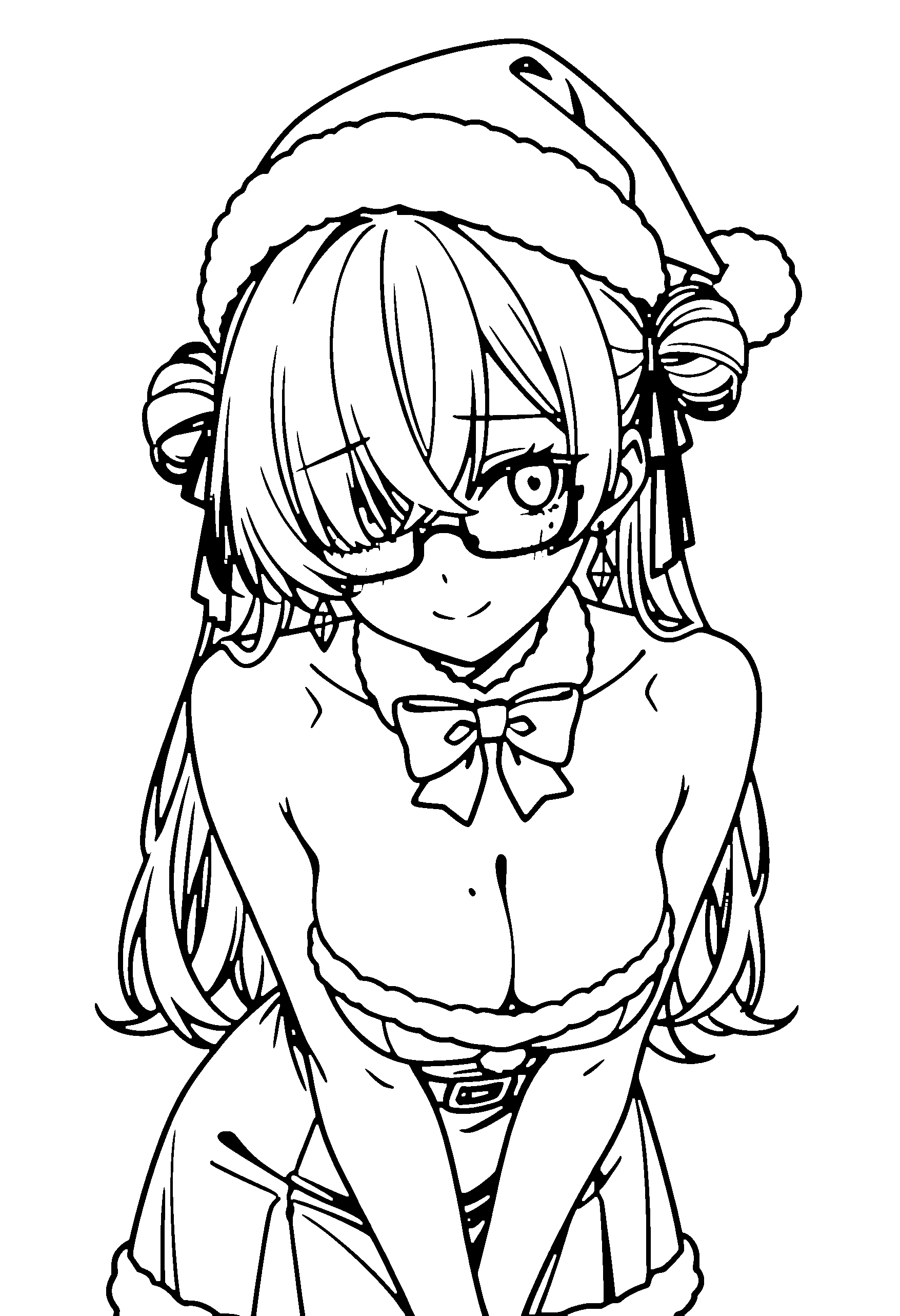 Black and white line art coloring page of an anime girl with santa costume, long hair, hair bun, glasses, bow tie and shy