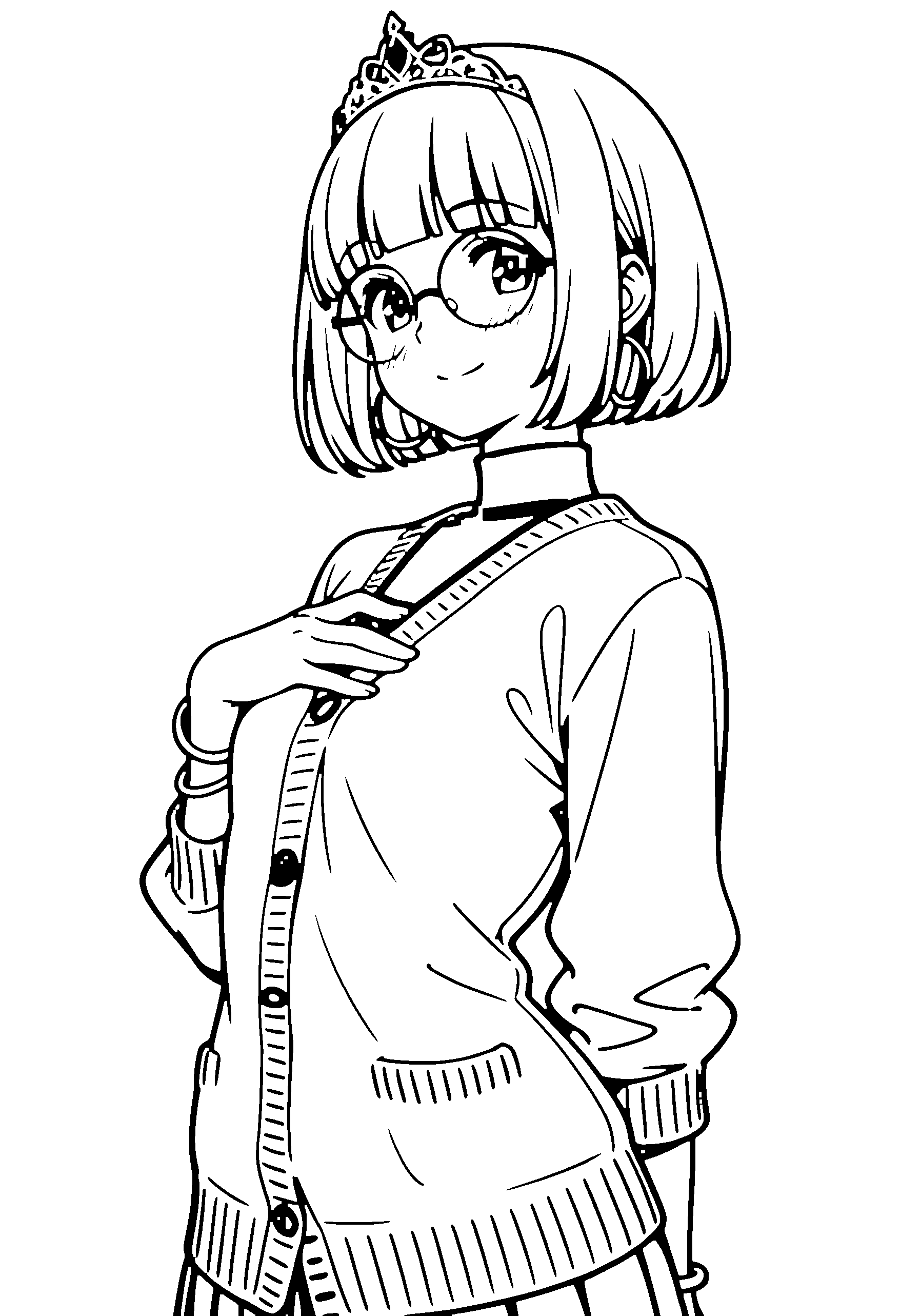 Black and white line art coloring page of an anime girl with bob cut, turtleneck, tiara, glasses, choker and smiling