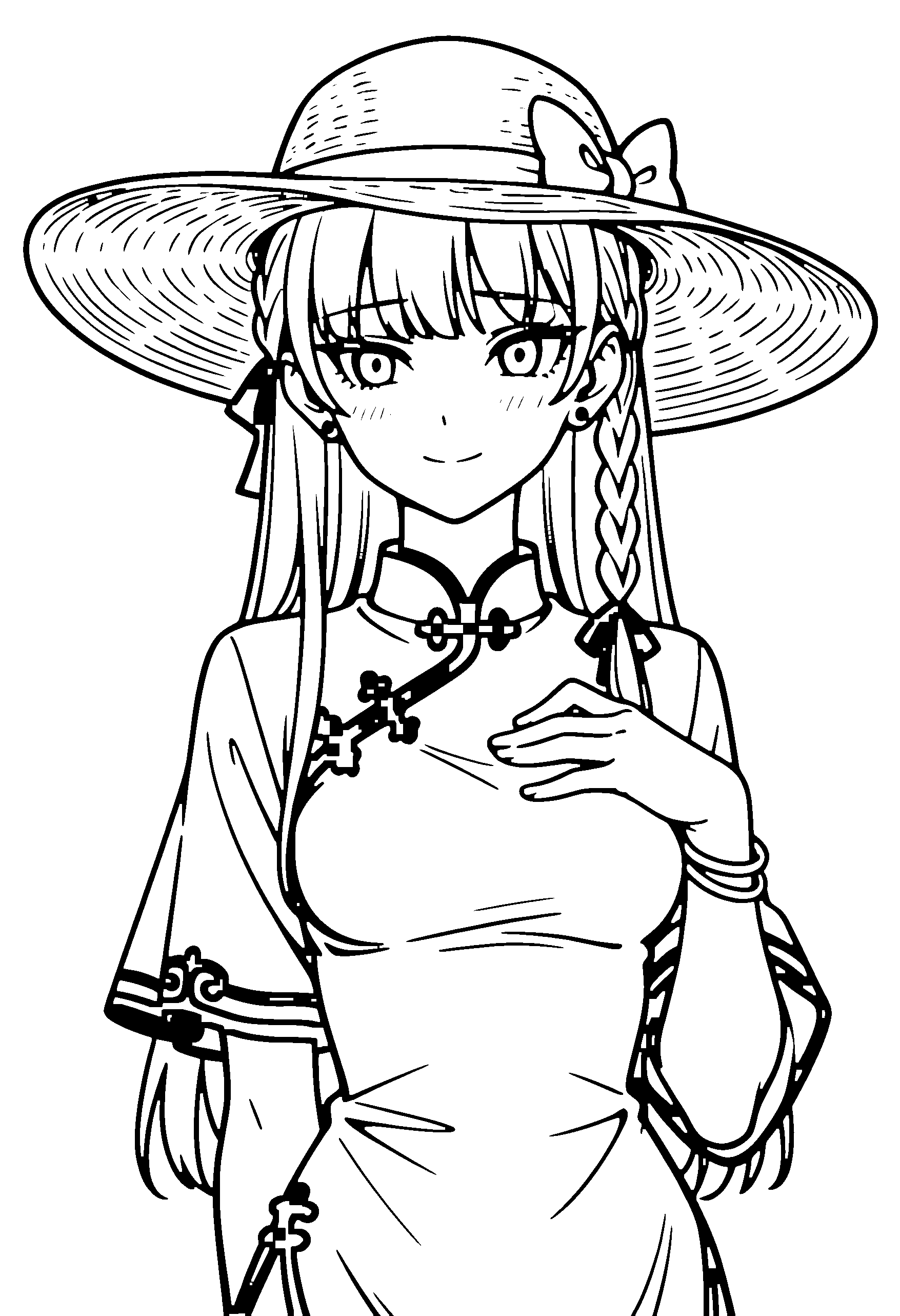 Black and white line art coloring page of an anime girl with long hair, braid, chinese dress, sun hat, necklace and shy