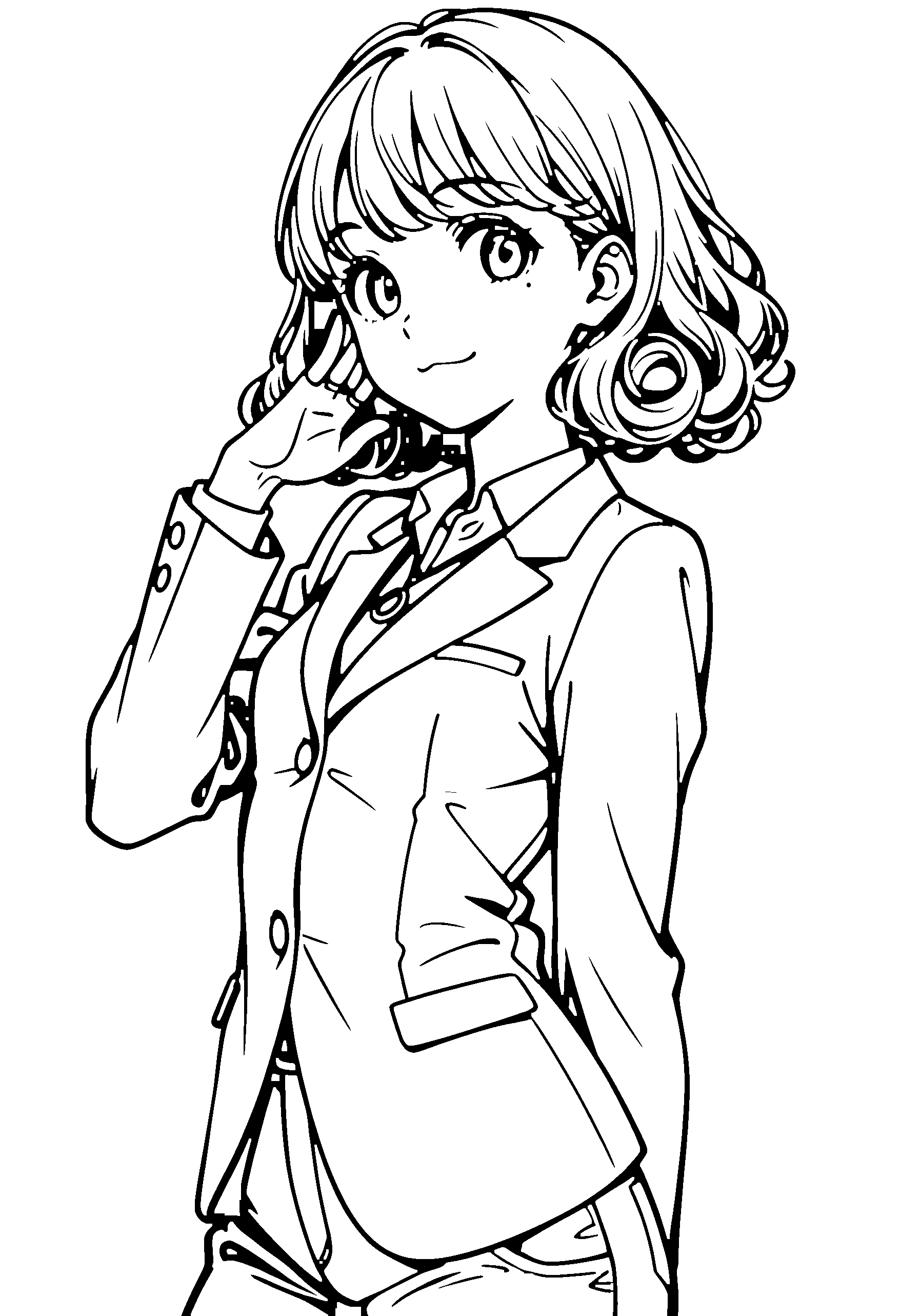 Black and white line art coloring page of an anime girl with medium hair, curly hair, collared shirt, necklace and smiling