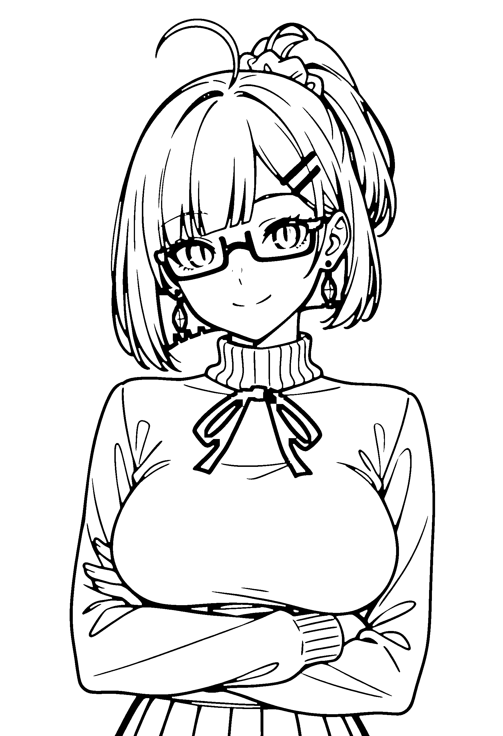 Black and white line art coloring page of an anime girl with bob cut, ponytail, turtleneck, glasses, ribbon and smiling