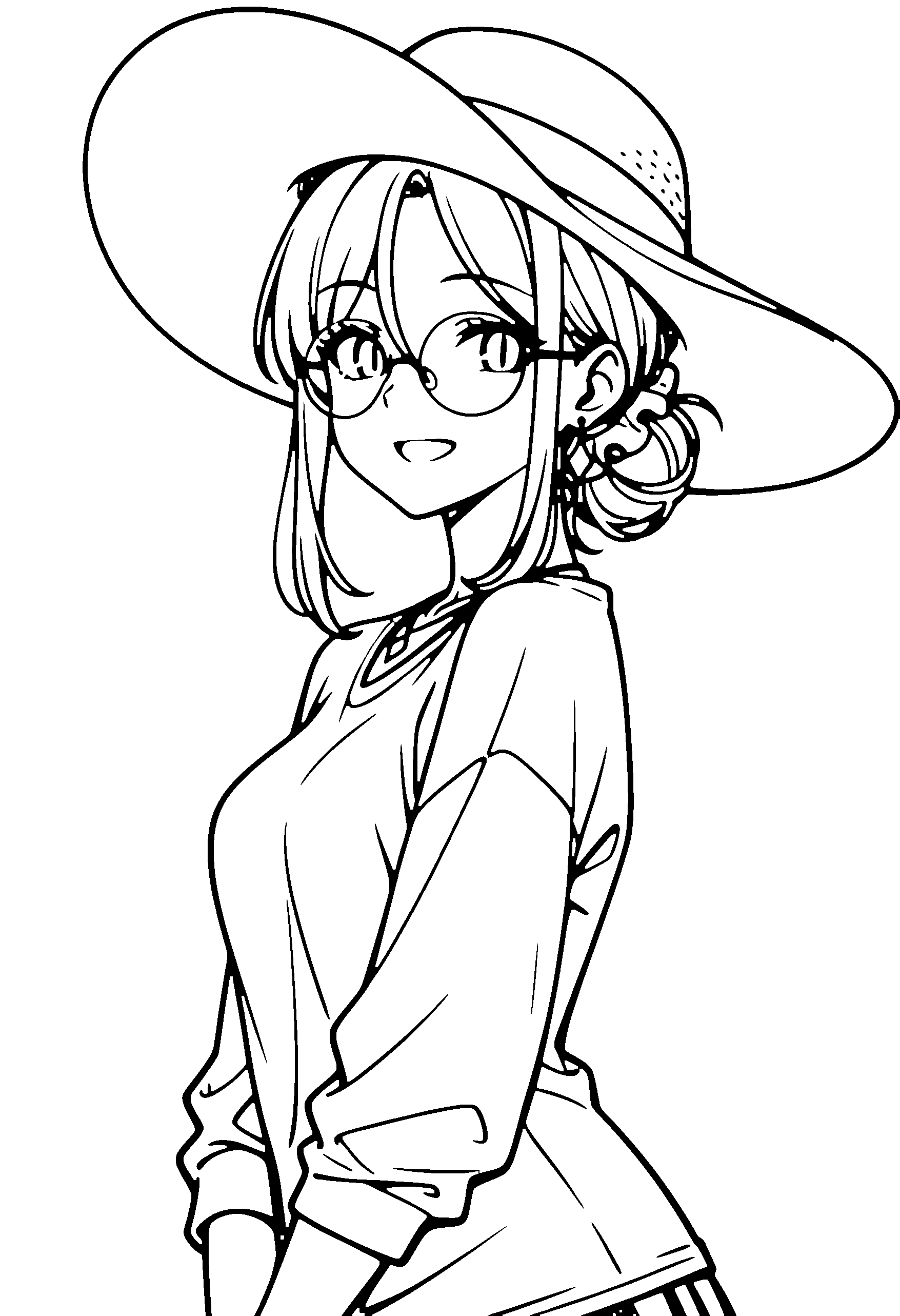 Black and white line art coloring page of an anime girl with medium hair, hair bun, t-shirt, sun hat, glasses, necklace and smiling