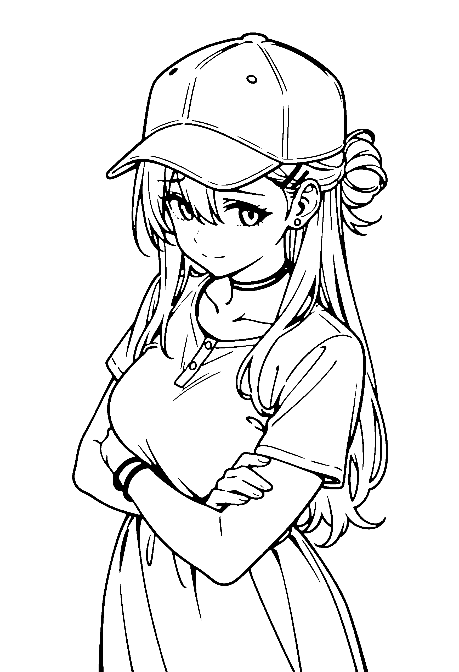 Black and white line art coloring page of an anime girl with long hair, hair bun, dress, cap, choker and shy