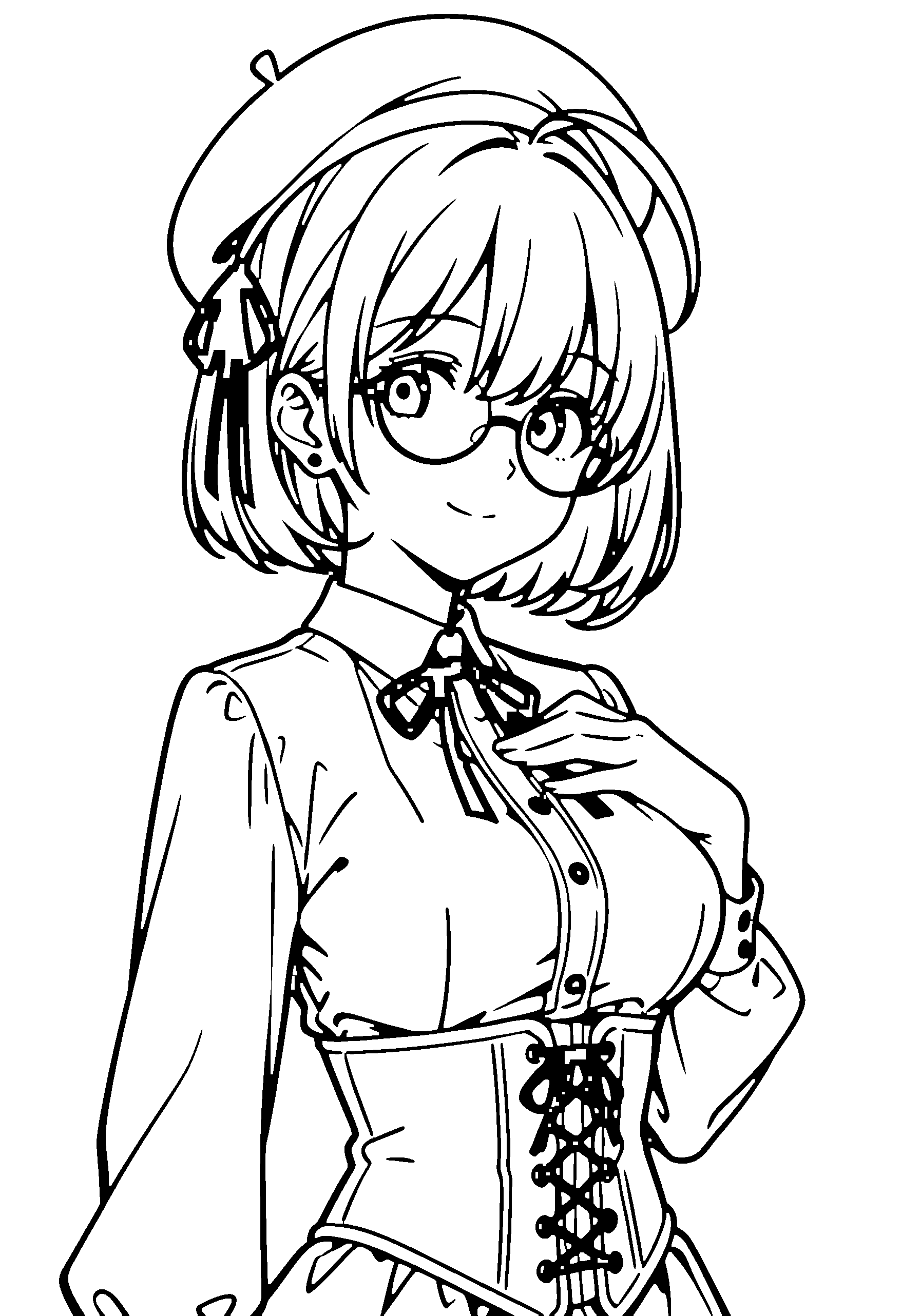 Black and white line art coloring page of an anime girl with bob cut, corset, beret, glasses, ribbon and smiling