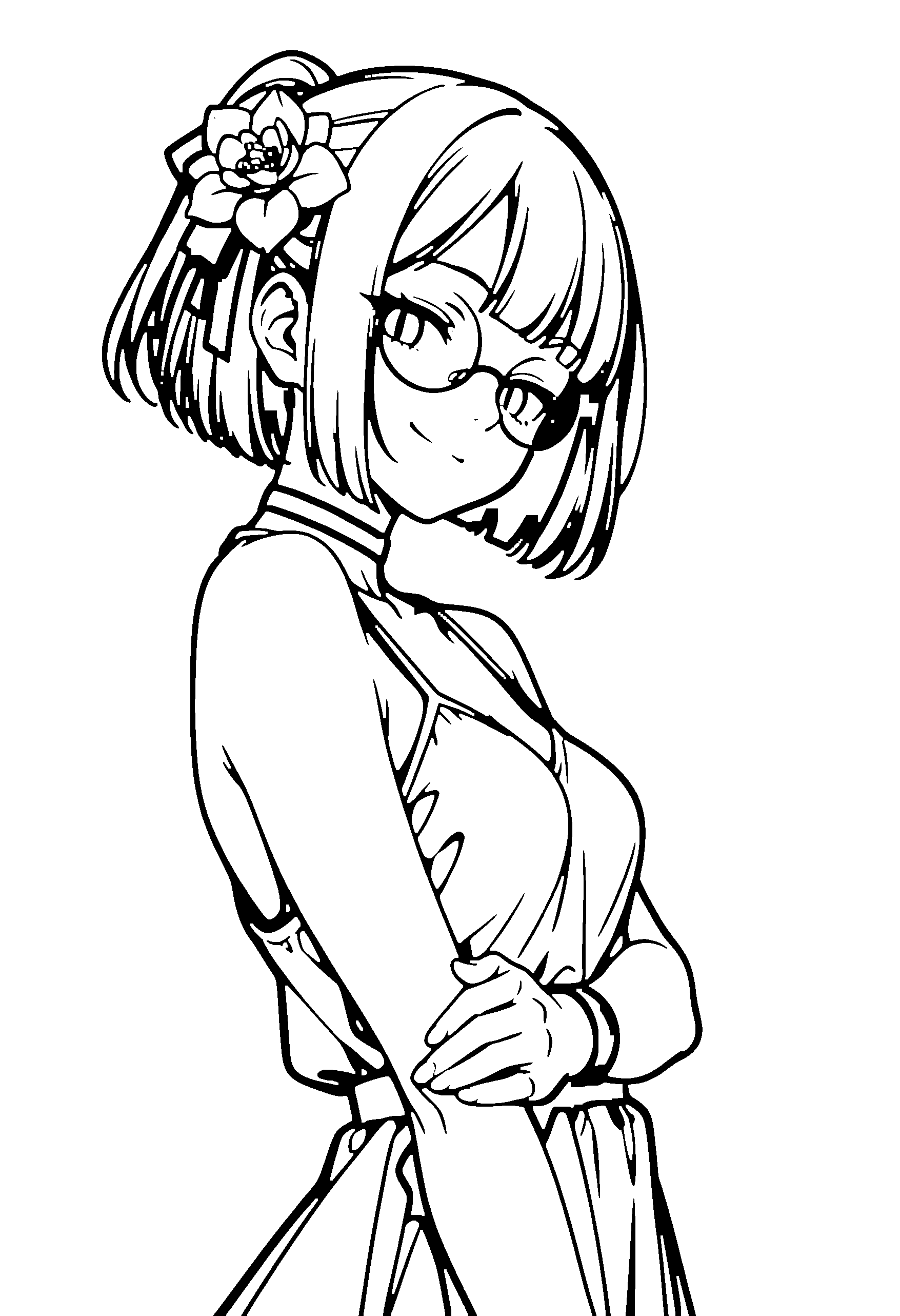 Black and white line art coloring page of an anime girl with bob cut, ponytail, dress, hair flower, glasses, choker and smiling