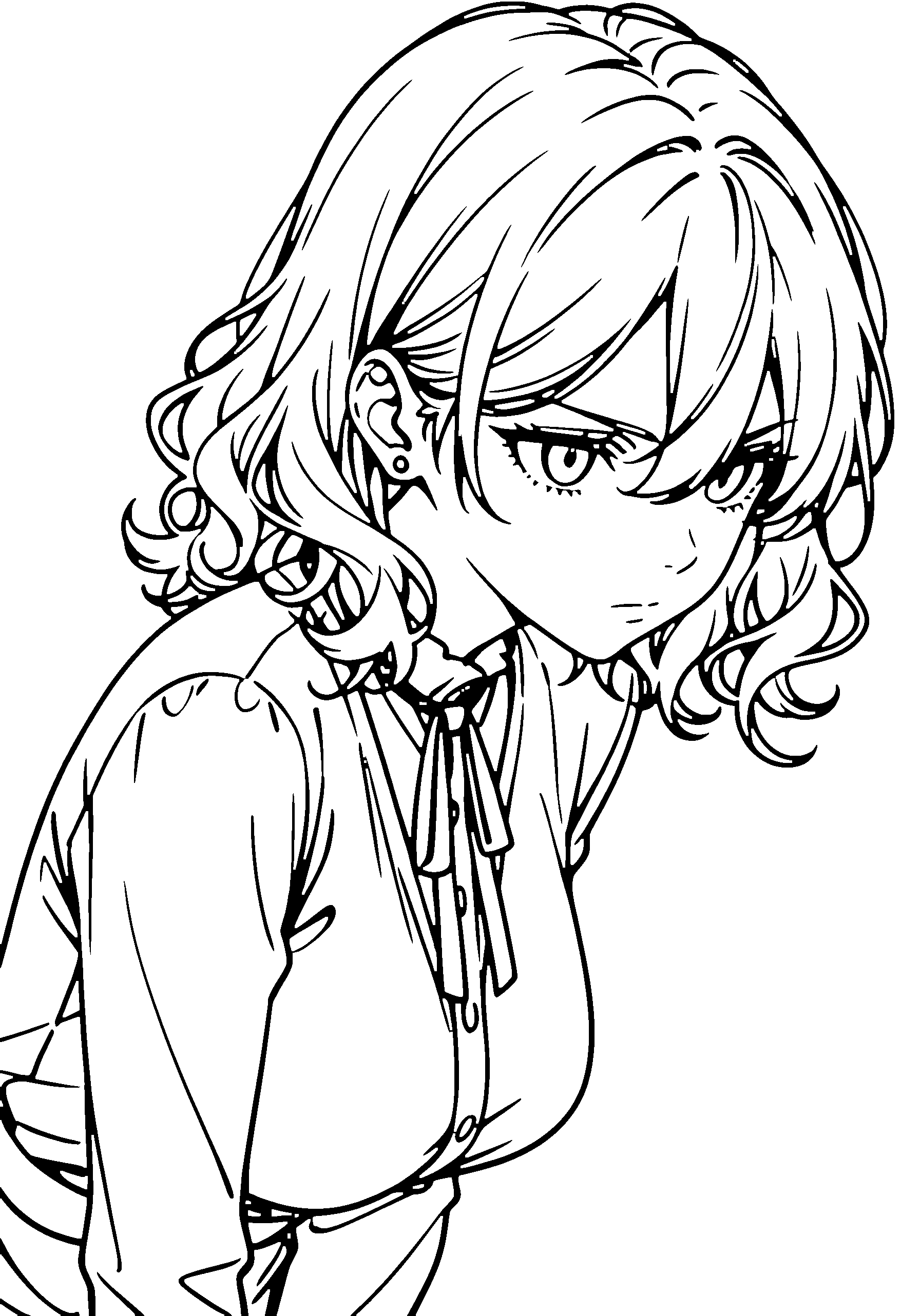 Black and white line art coloring page of an anime girl with medium hair, wavy hair, shirt and serious