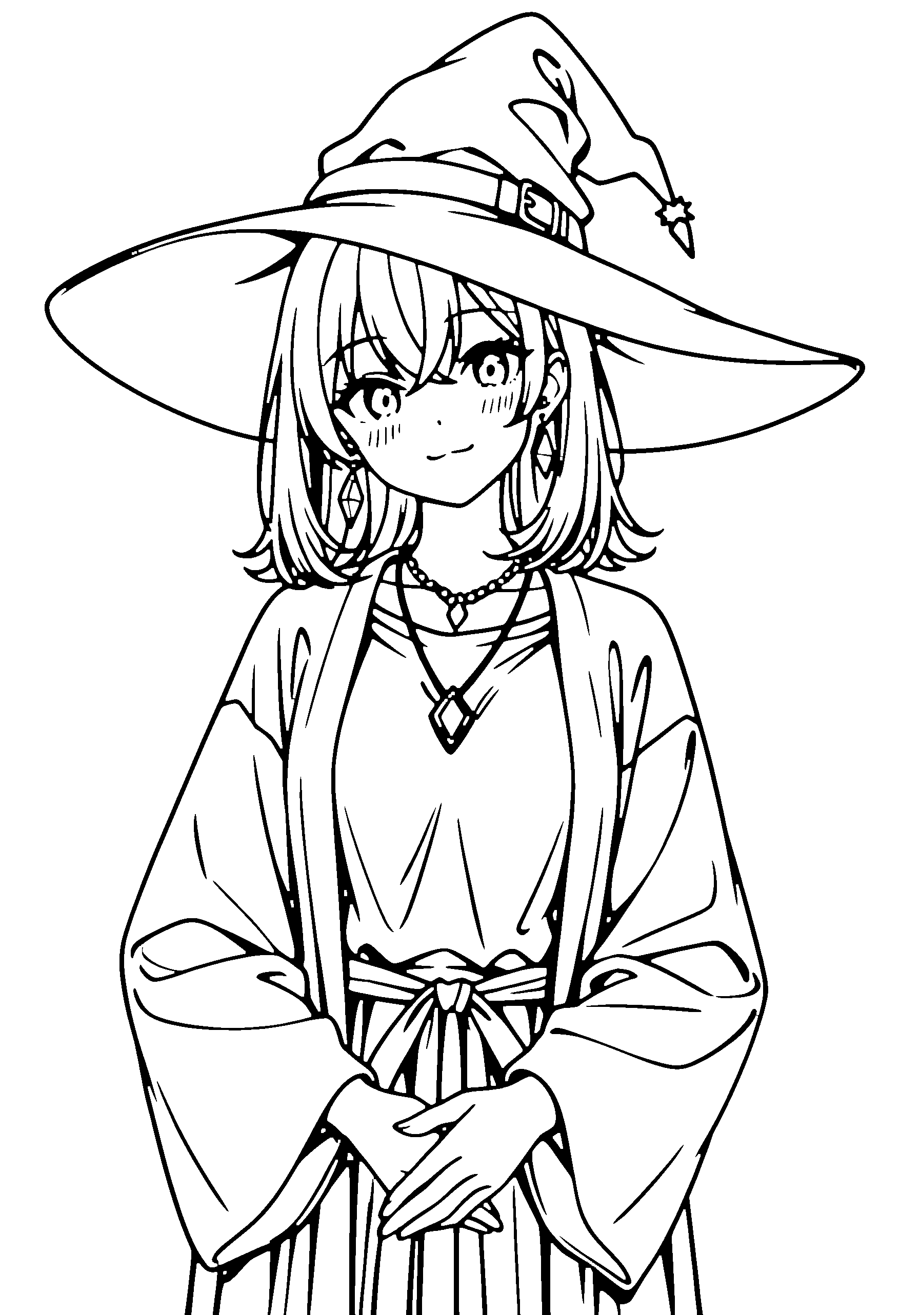 Black and white line art coloring page of an anime girl with witch outfit, medium hair, robe, necklace and smiling