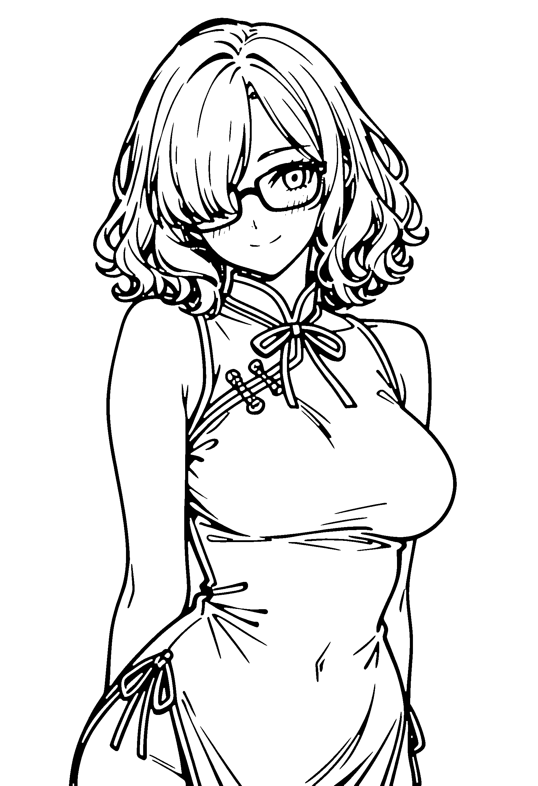 Black and white line art coloring page of an anime girl with medium hair, wavy hair, chinese dress, glasses, ribbon and smiling