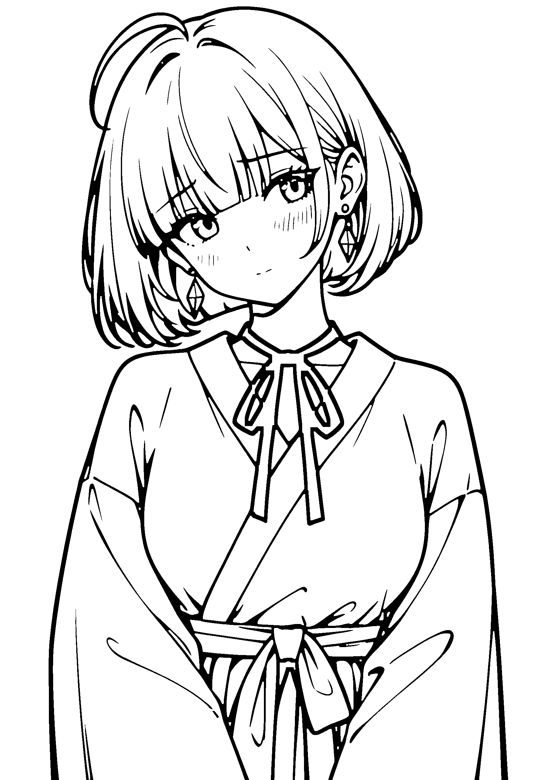 Black and white line art coloring page of an anime girl with bob cut, robe, ribbon and shy