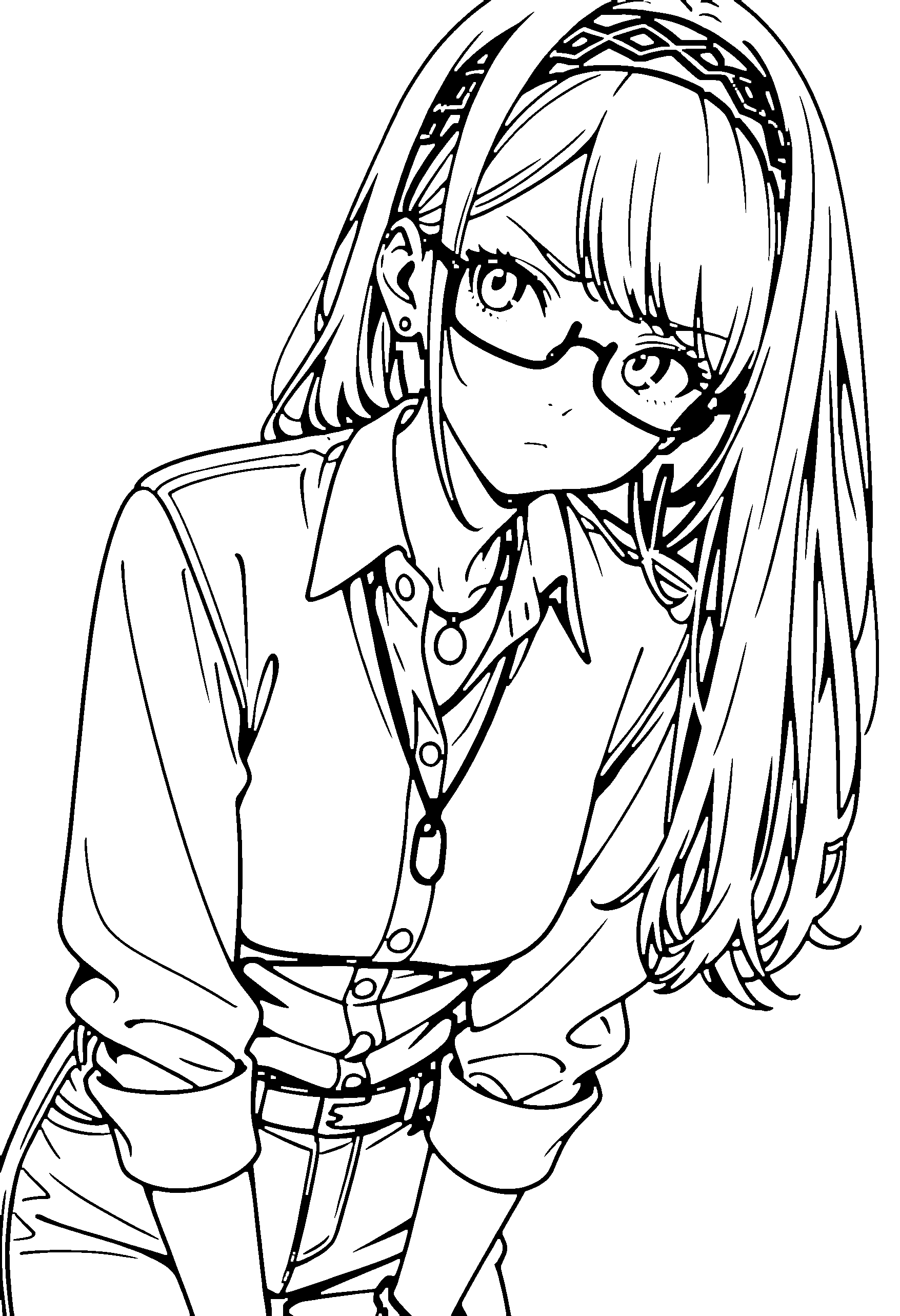 Black and white line art coloring page of an anime girl with long hair, collared shirt, headband, glasses, necklace and frowning