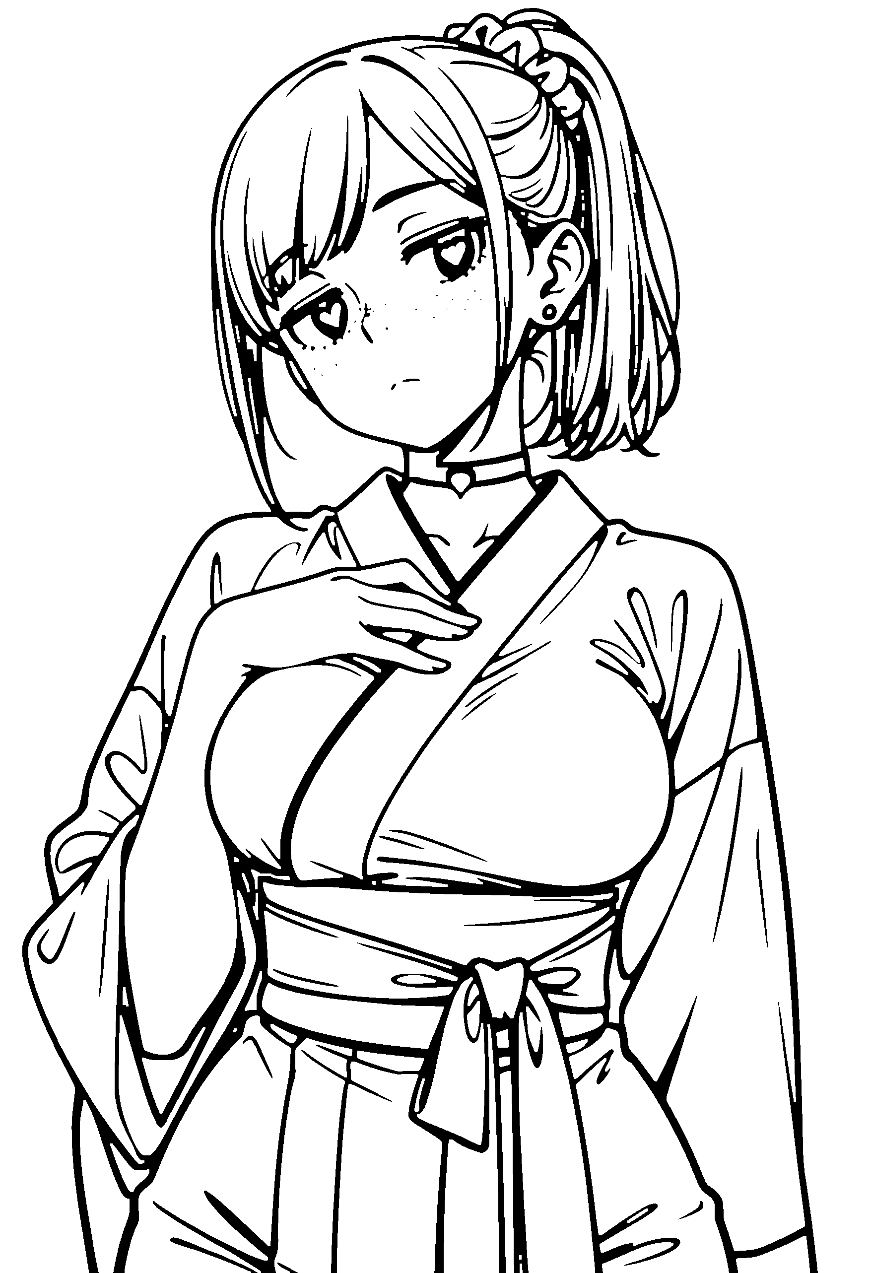 Black and white line art coloring page of an anime girl with medium hair, ponytail, kimono, choker and frowning