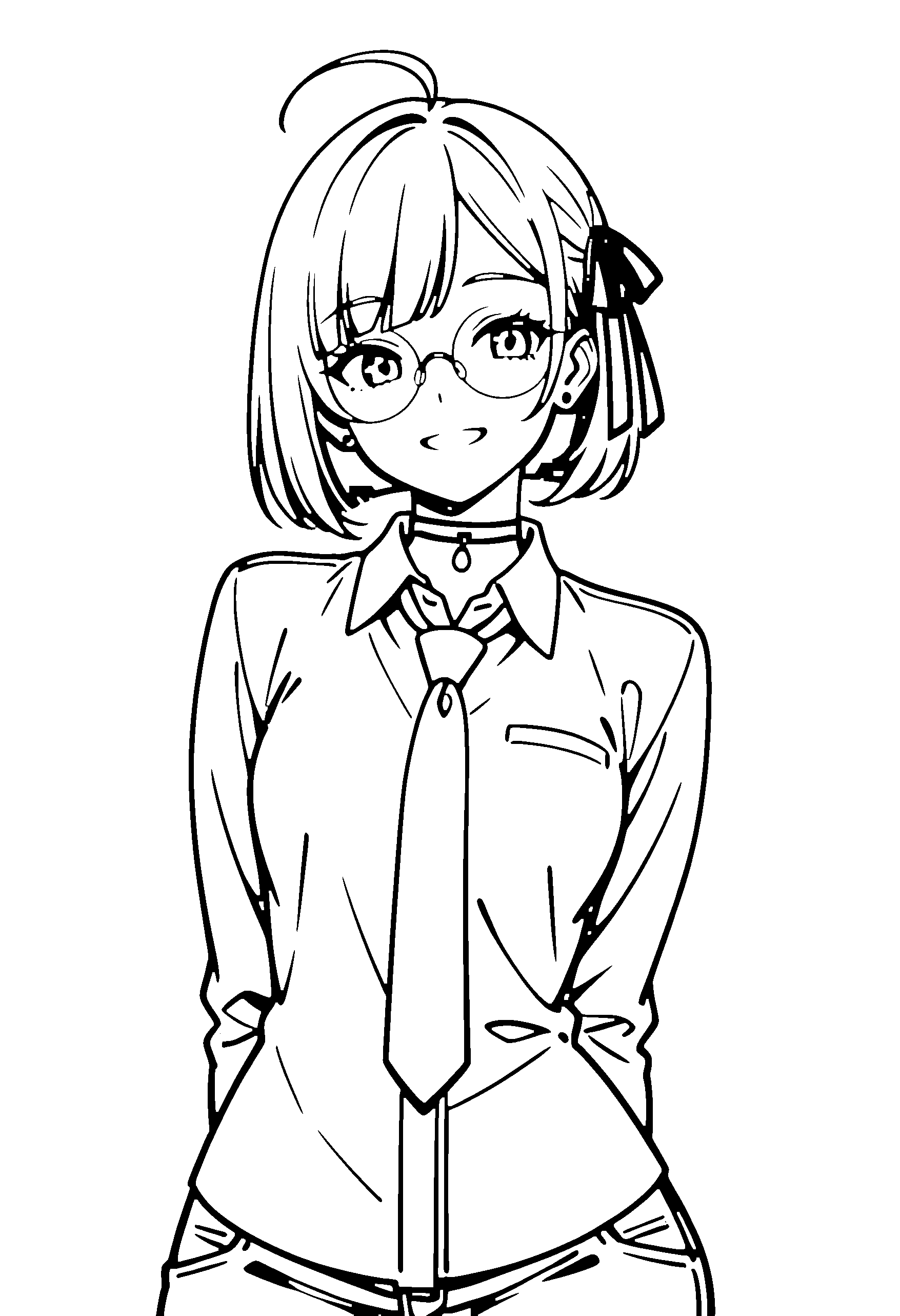 Black and white line art coloring page of an anime girl with bob cut, shirt, glasses, choker and grinning