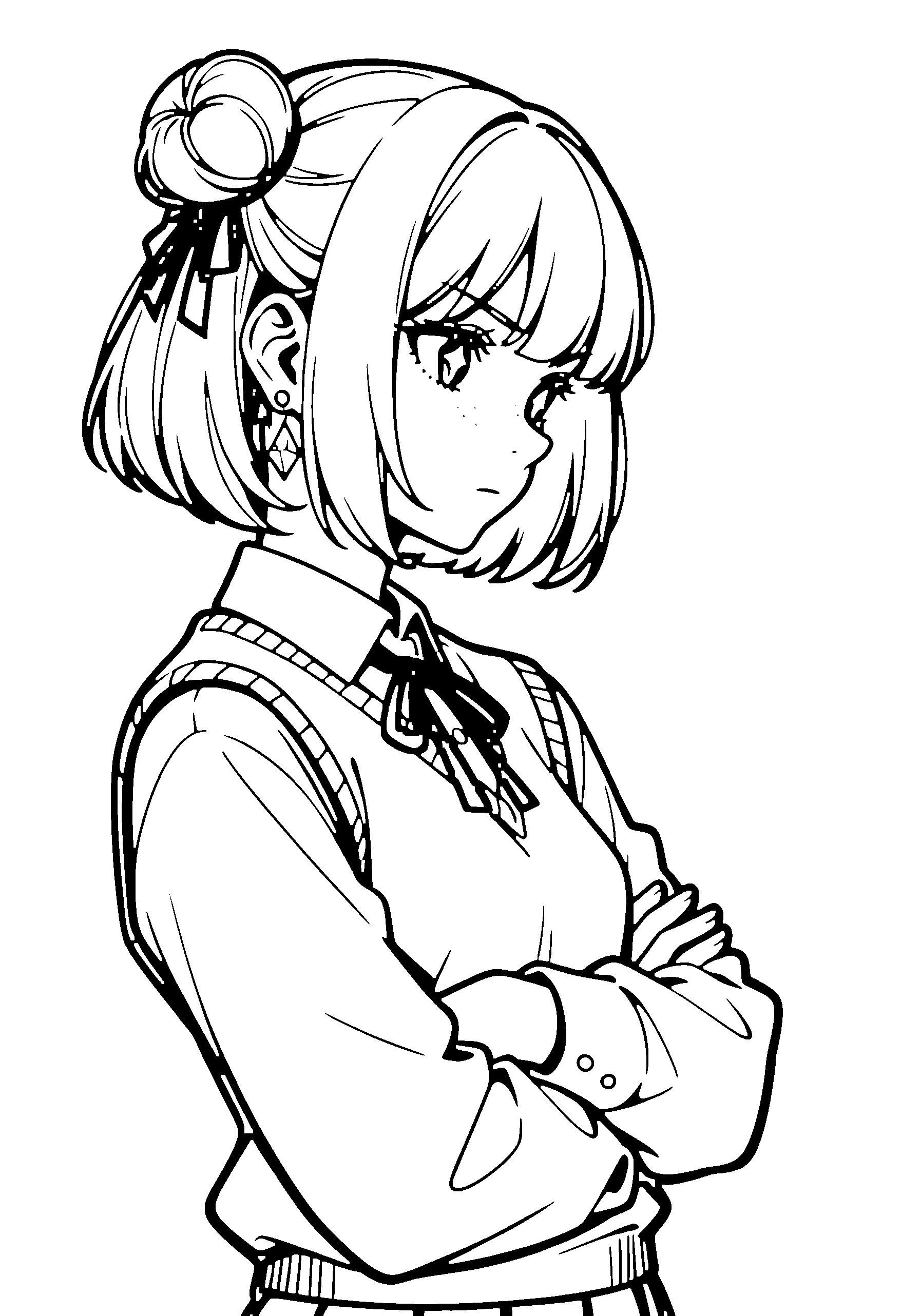 Black and white line art coloring page of an anime girl with bob cut, hair bun, sweater vest, ribbon and serious