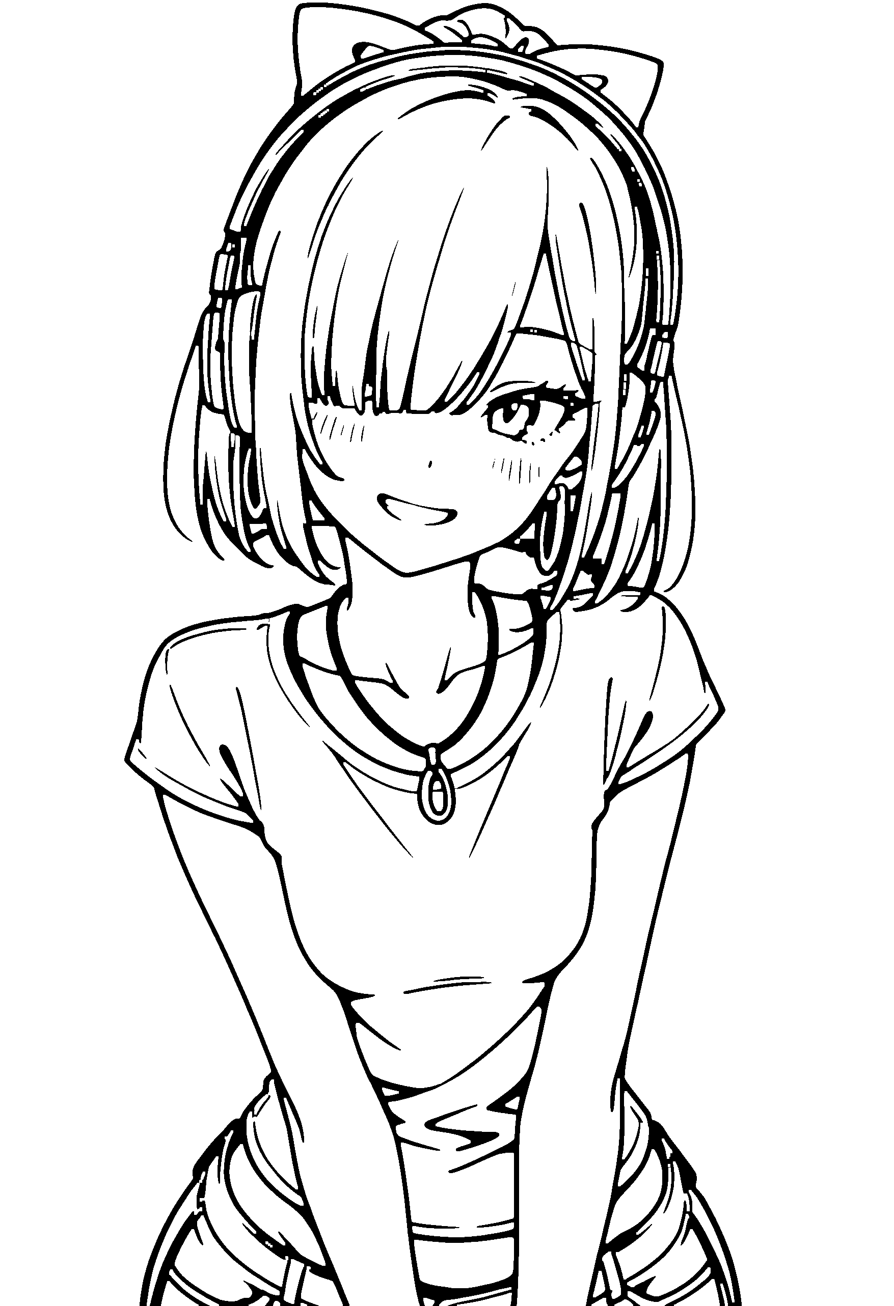 Black and white line art coloring page of an anime girl with bob cut, ponytail, t-shirt, headphones, necklace and grinning