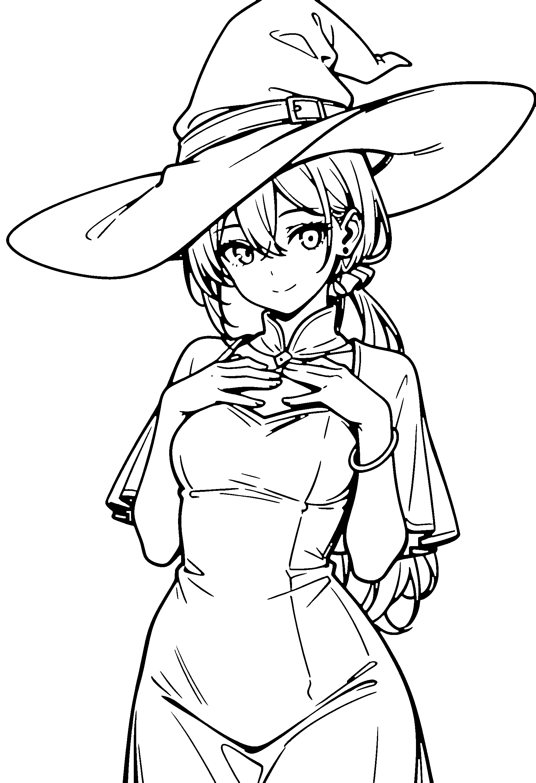 Black and white line art coloring page of an anime girl with witch outfit, long hair, ponytail, dress and smiling