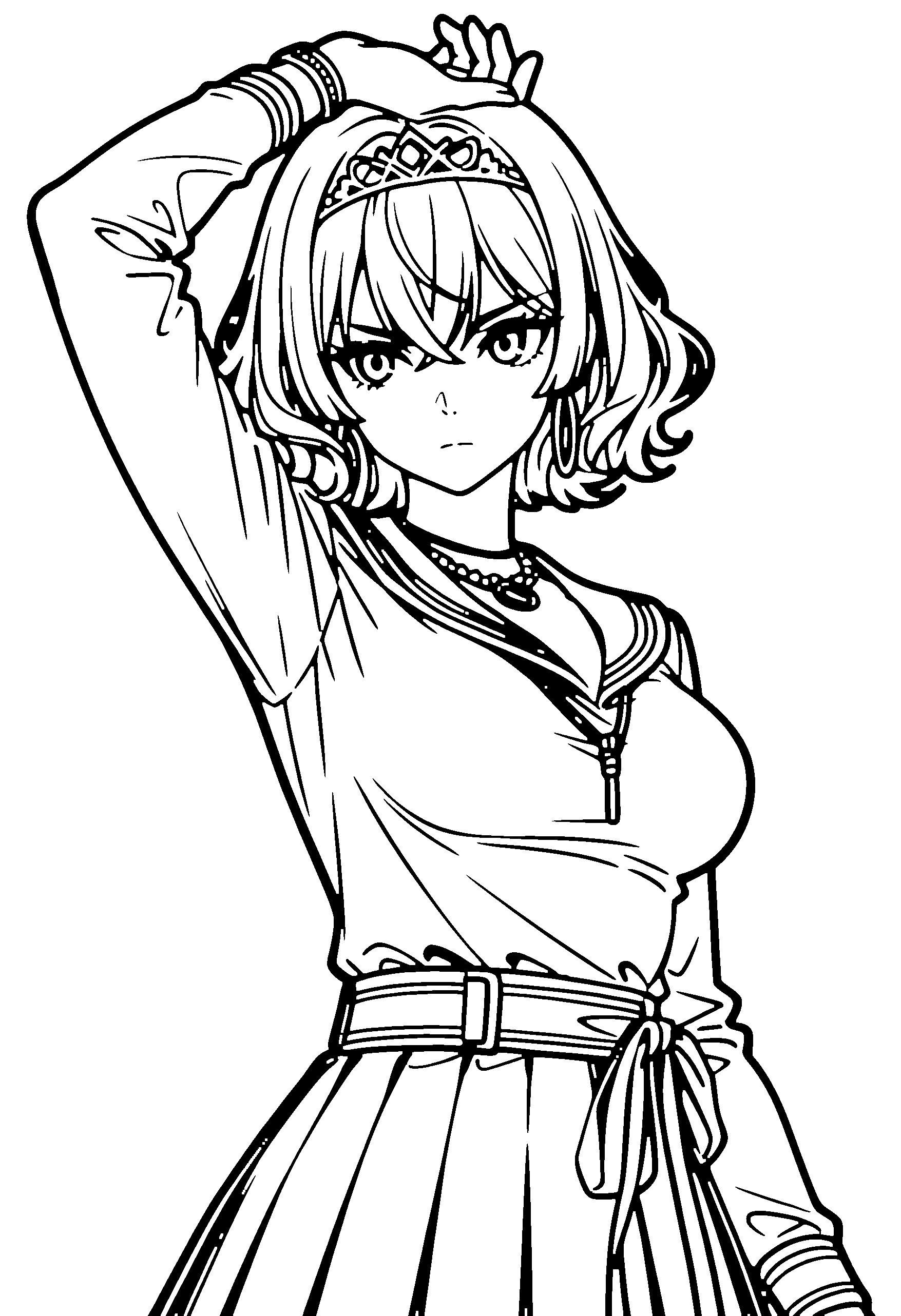 Black and white line art coloring page of an anime girl with bob cut, wavy hair, school uniform, tiara, necklace and serious