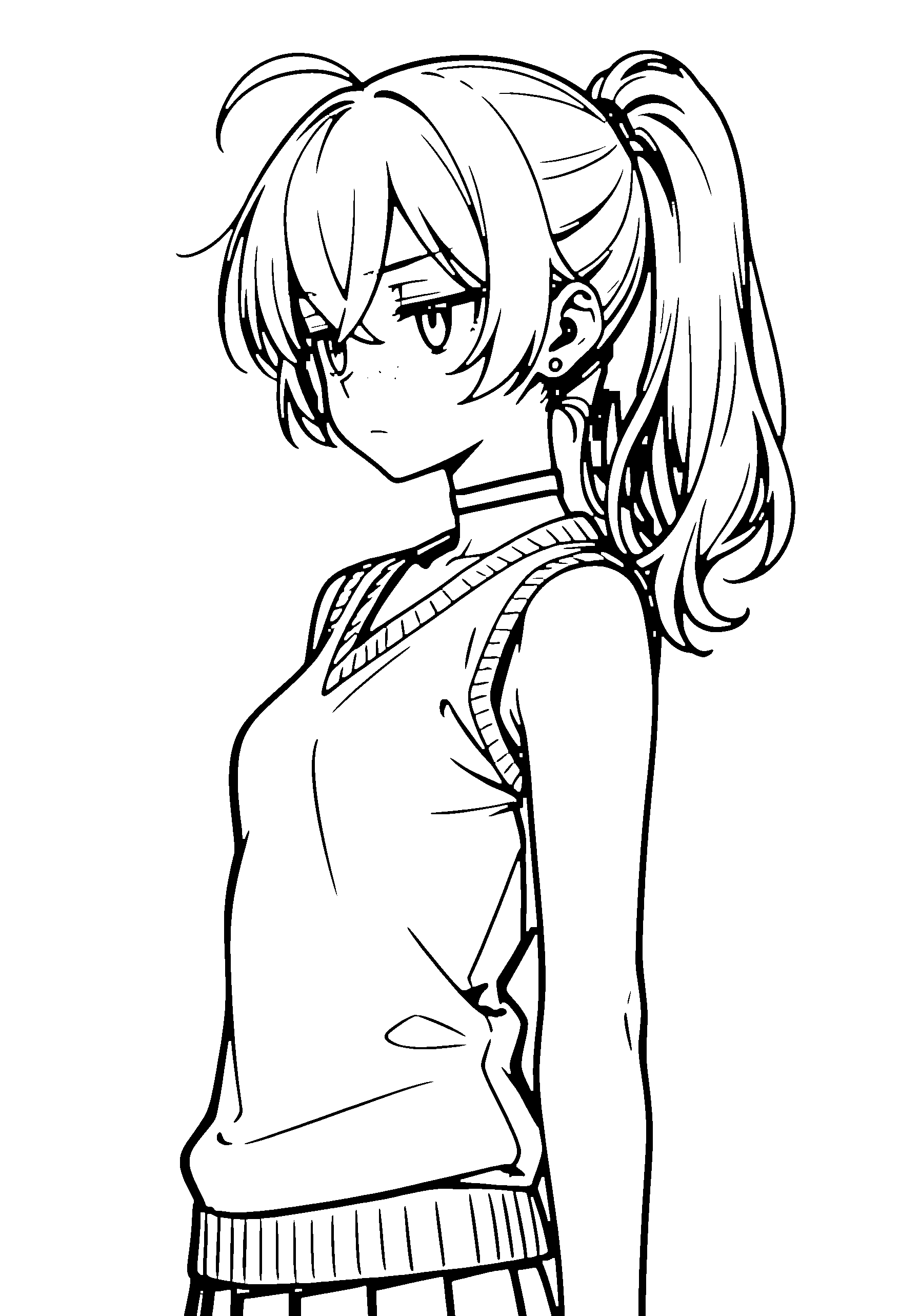 Black and white line art coloring page of an anime girl with long hair, ponytail, sweater vest, choker and frowning