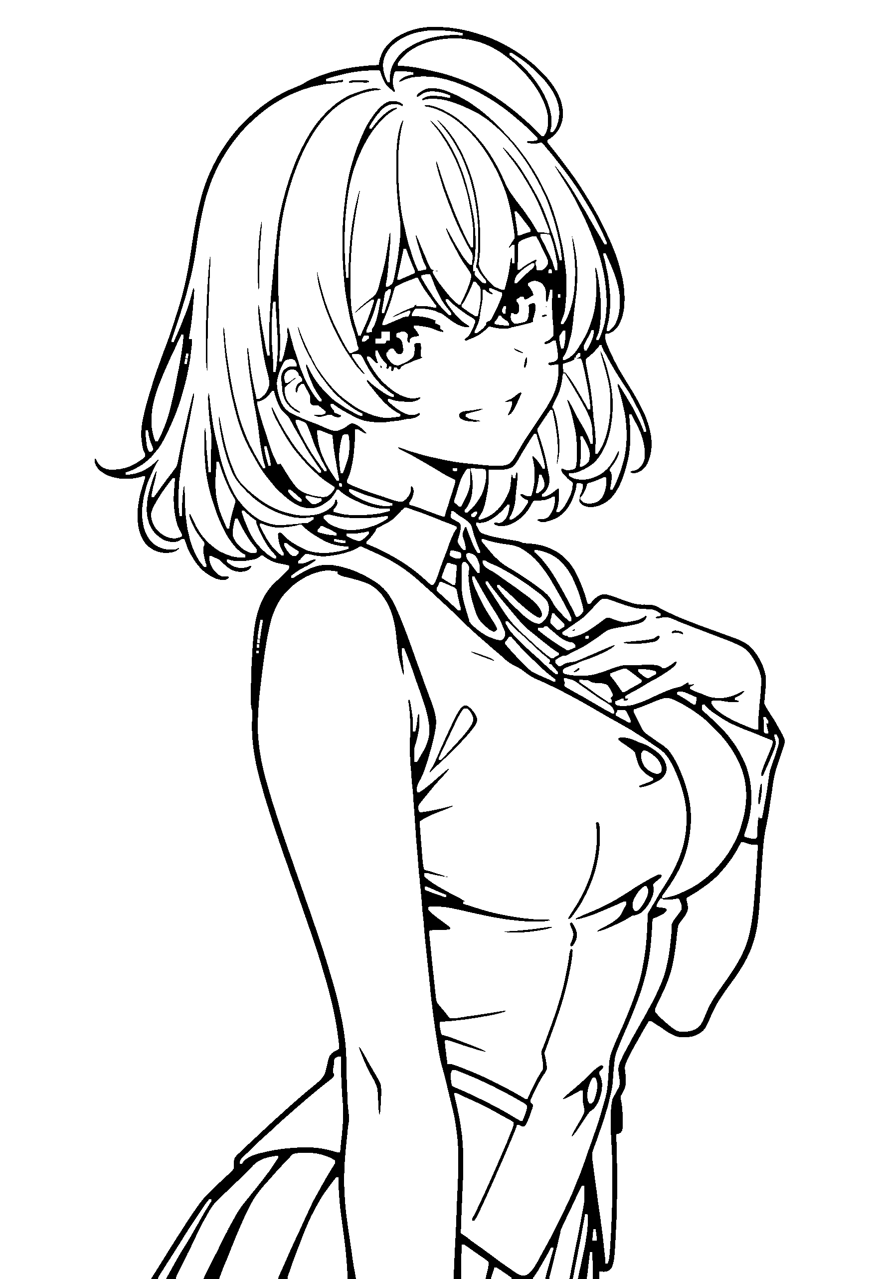 Black and white line art coloring page of an anime girl with medium hair, vest, ribbon and grinning