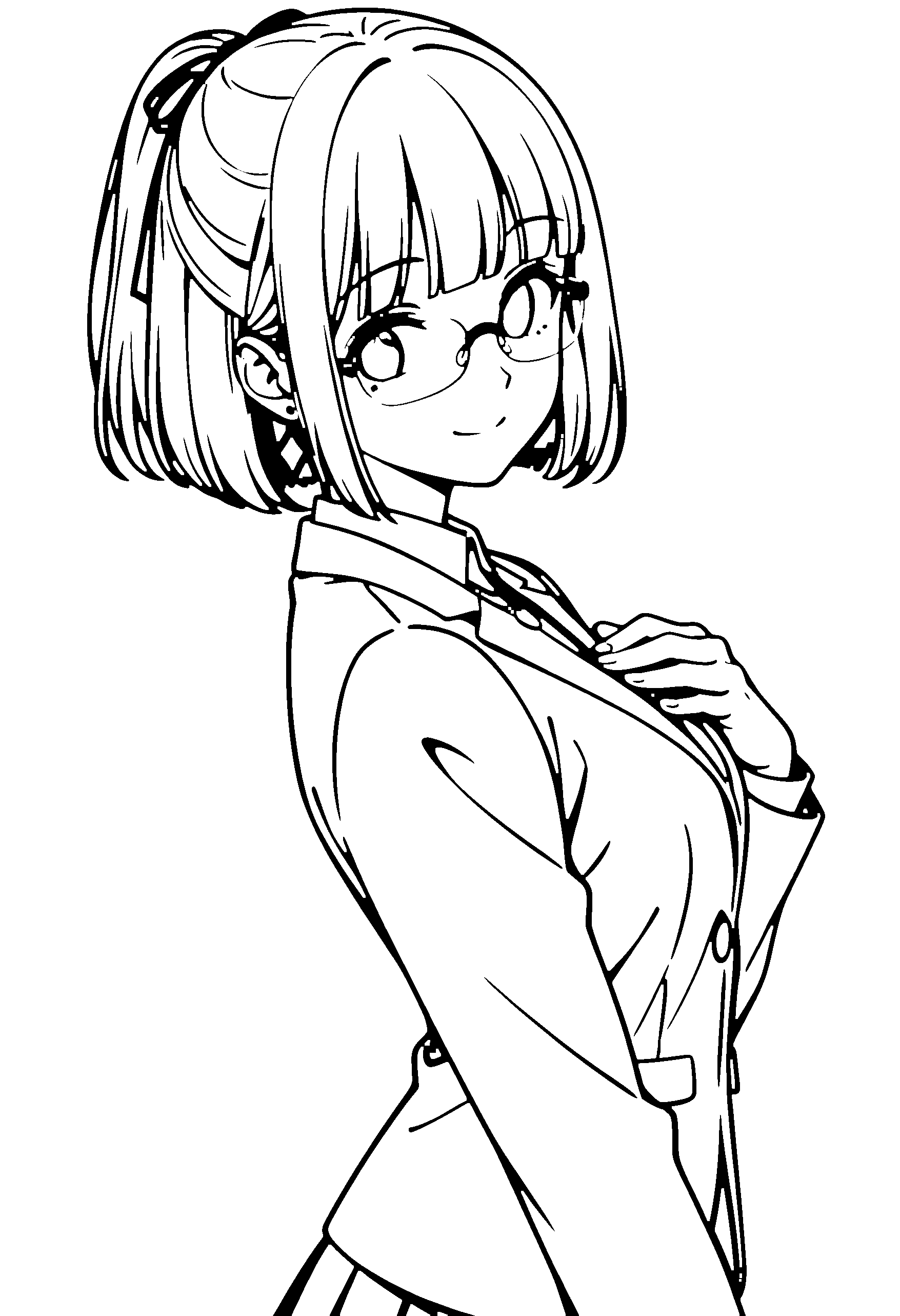 Black and white line art coloring page of an anime girl with bob cut, ponytail, collared shirt, glasses, necklace and smiling