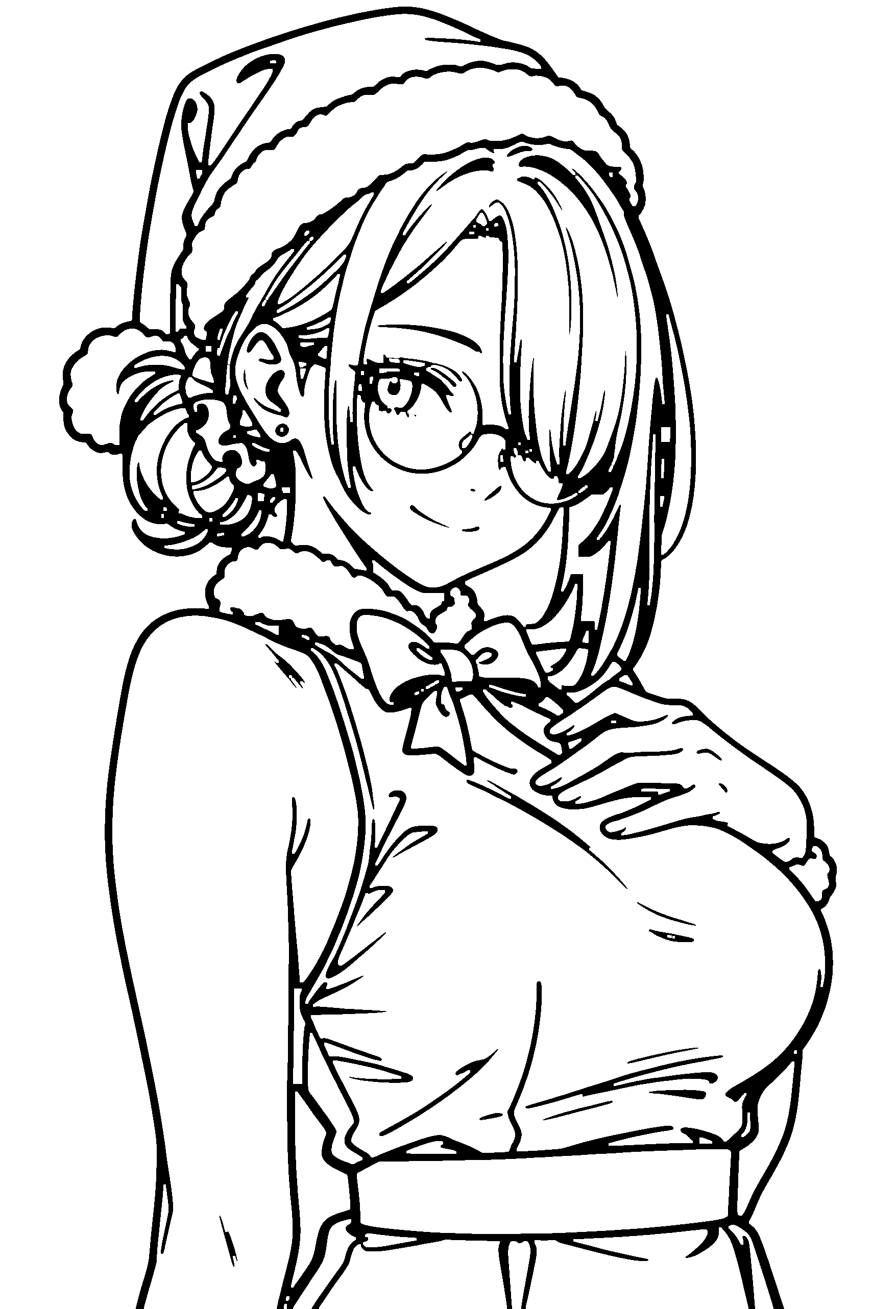 Black and white line art coloring page of an anime girl with santa costume, medium hair, hair bun, glasses, bow tie and smiling