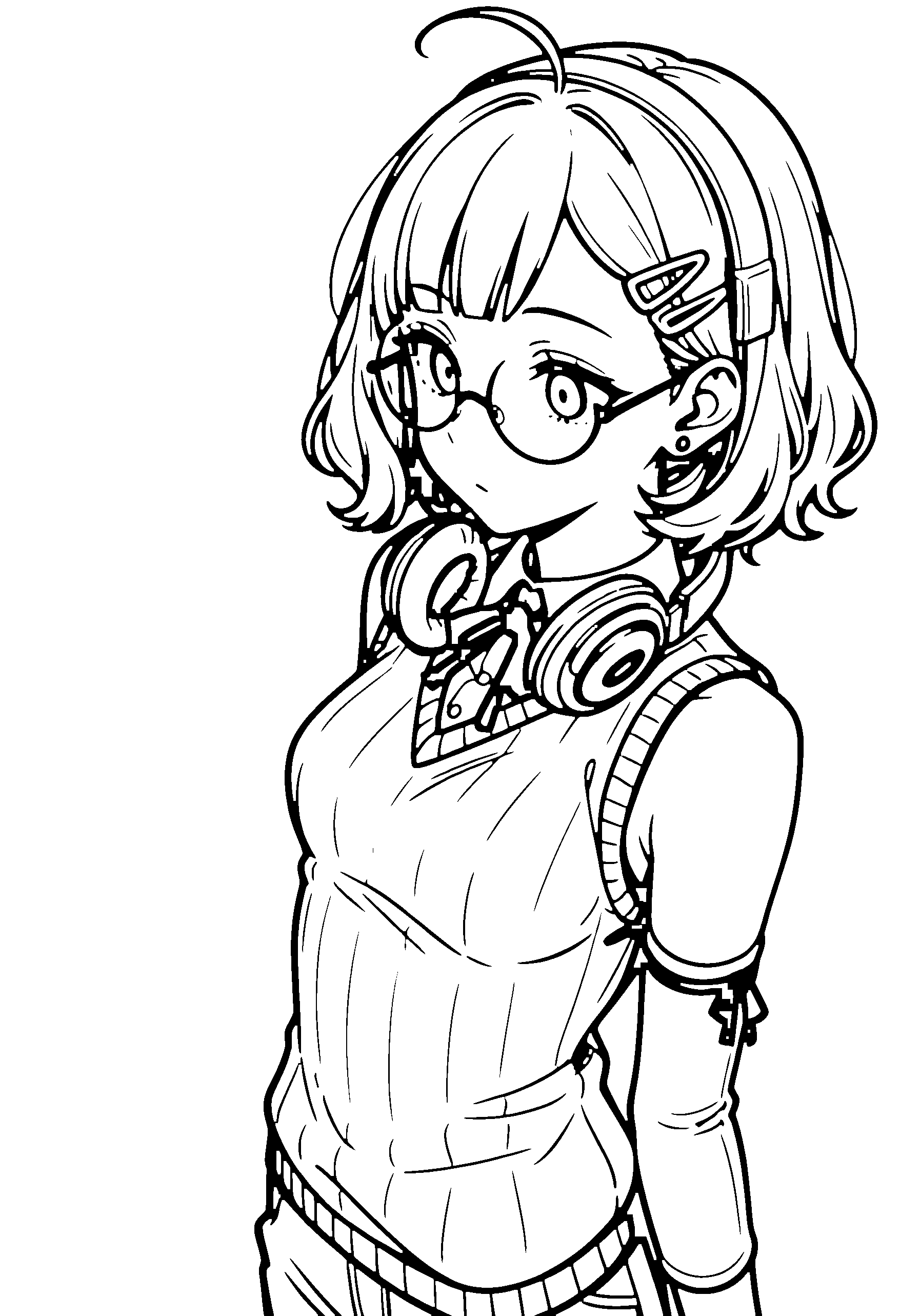 Black and white line art coloring page of an anime girl with bob cut, wavy hair, sweater vest, headphones, glasses and surprised