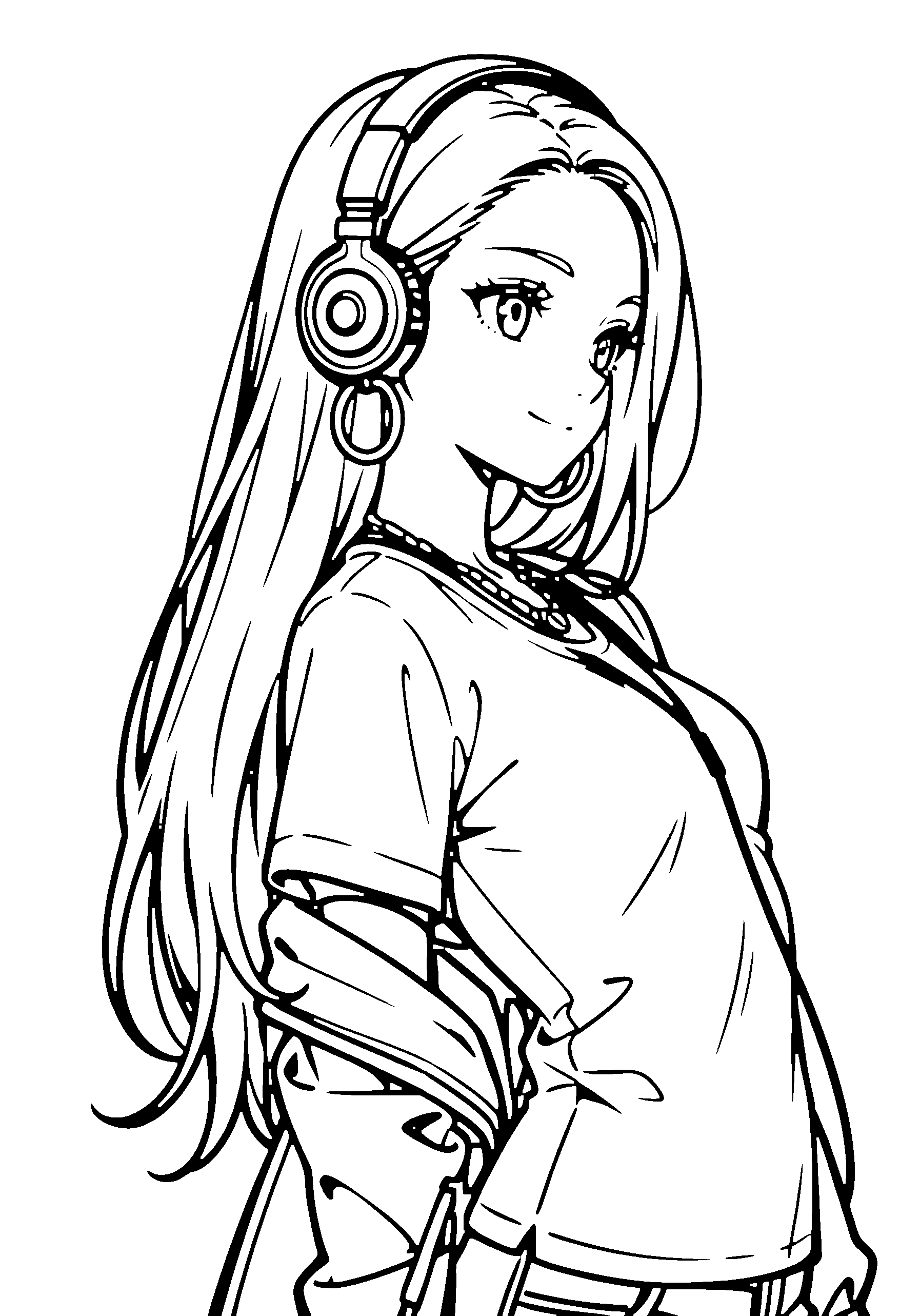Black and white line art coloring page of an anime girl with long hair, jacket, headphones, necklace and smiling