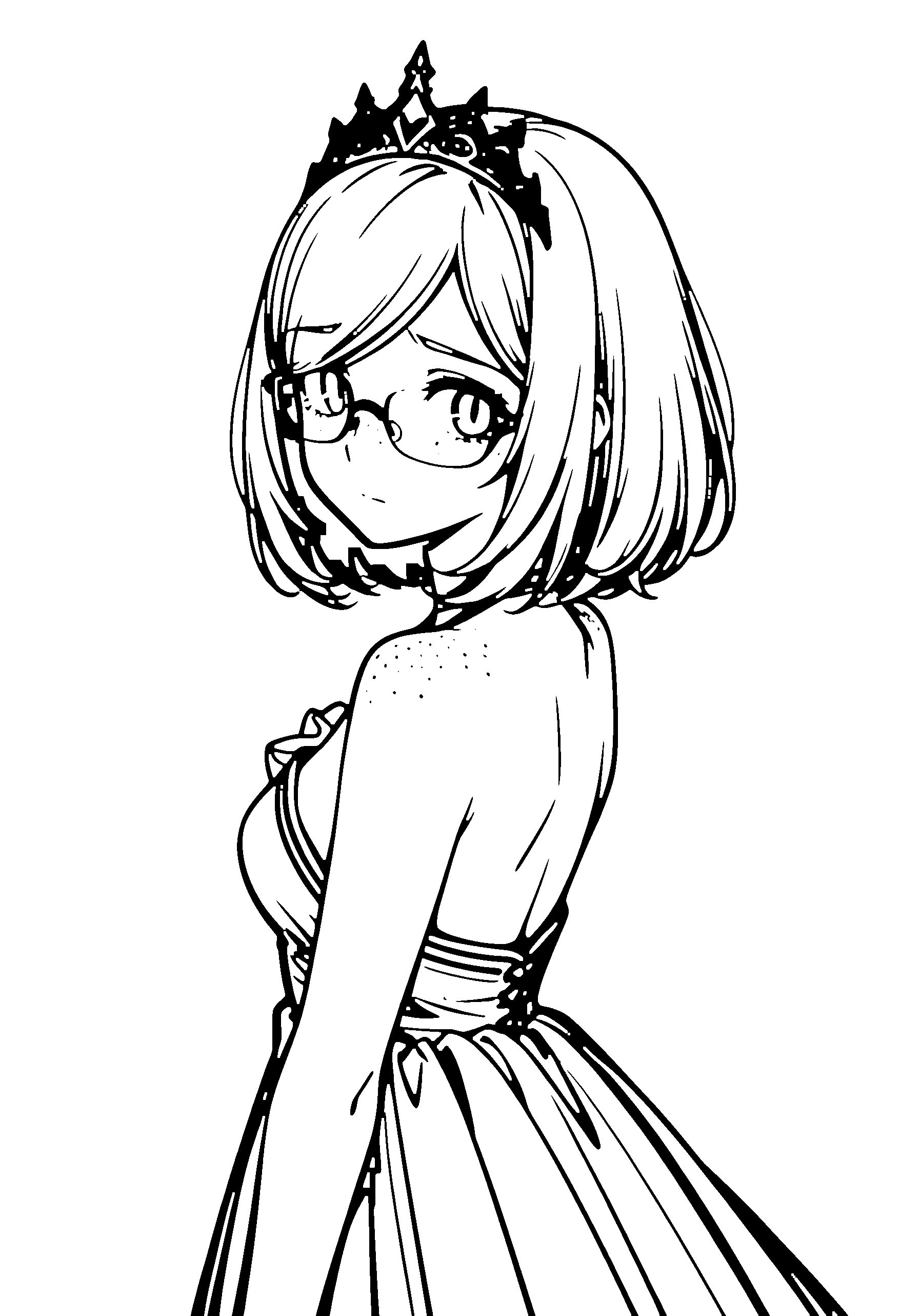 Black and white line art coloring page of an anime girl with medium hair, dress, tiara, glasses and shy