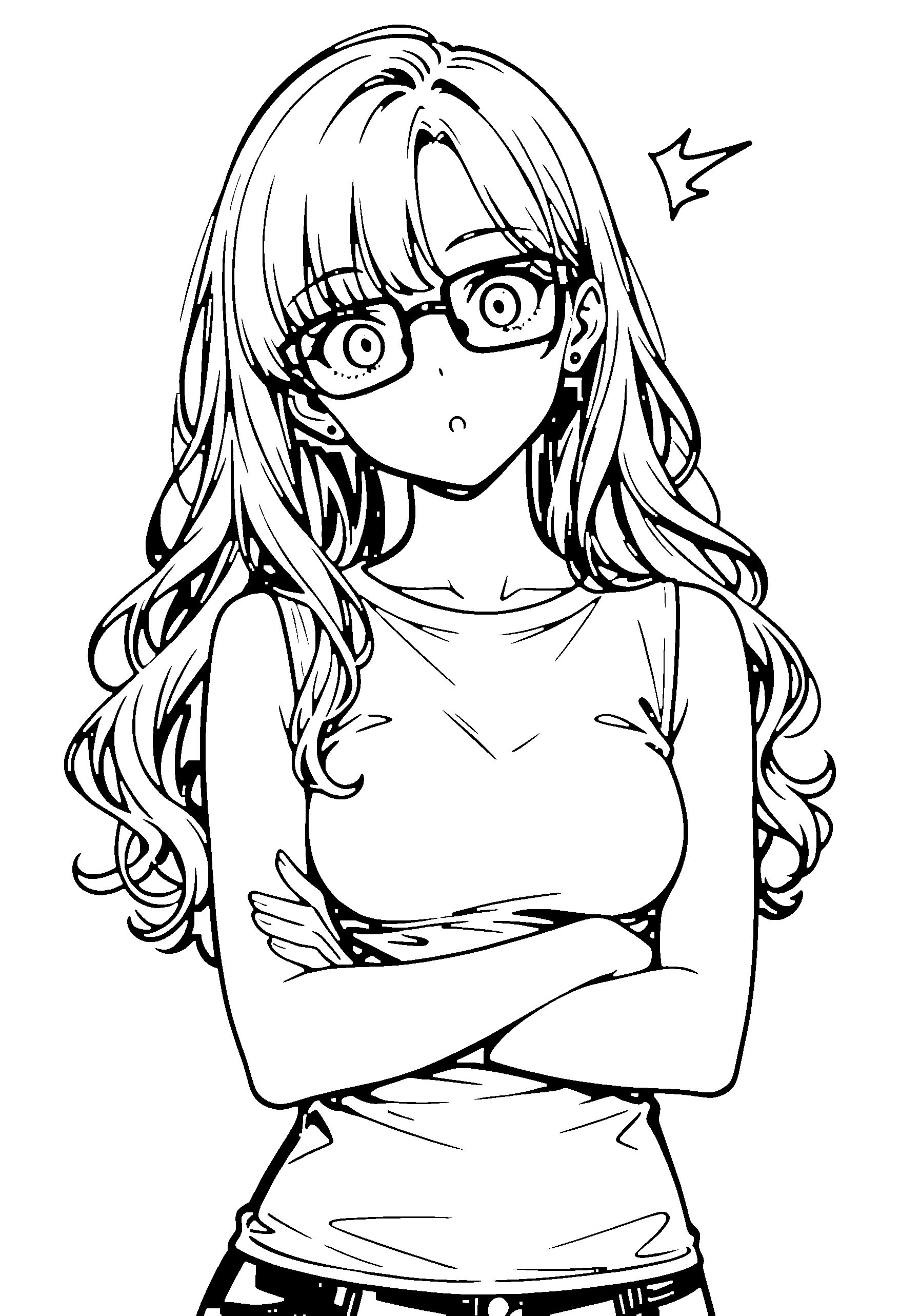 Black and white line art coloring page of an anime girl with long hair, wavy hair, t-shirt, glasses and surprised