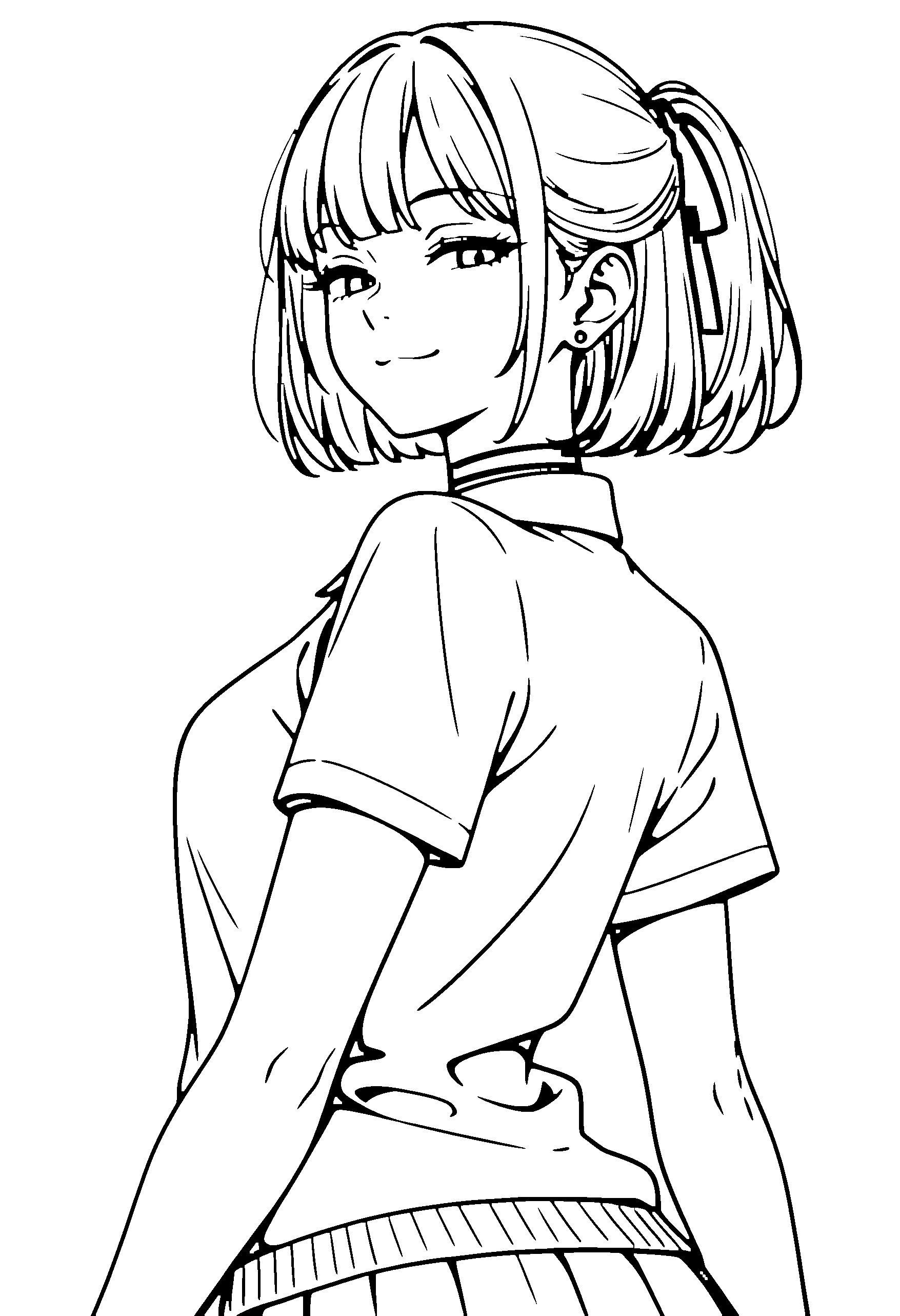 Black and white line art coloring page of an anime girl with bob cut, ponytail, collared shirt, choker and smiling