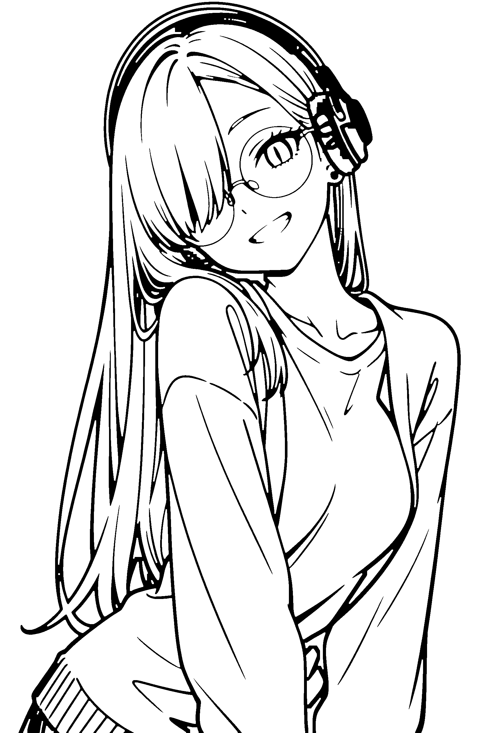 Black and white line art coloring page of an anime girl with long hair, cardigan, headphones, glasses and grinning