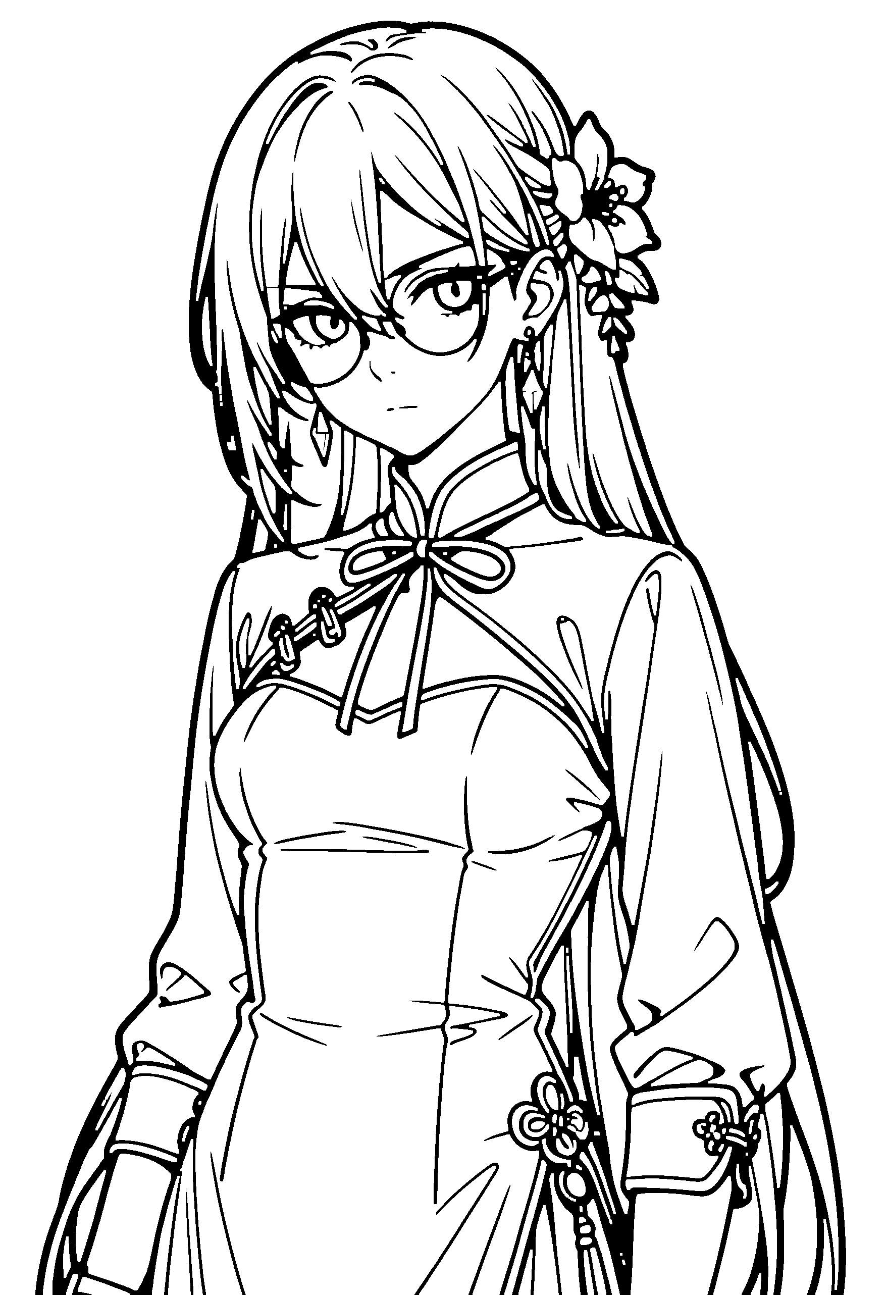 Black and white line art coloring page of an anime girl with long hair, chinese dress, hair flower, glasses, ribbon and serious