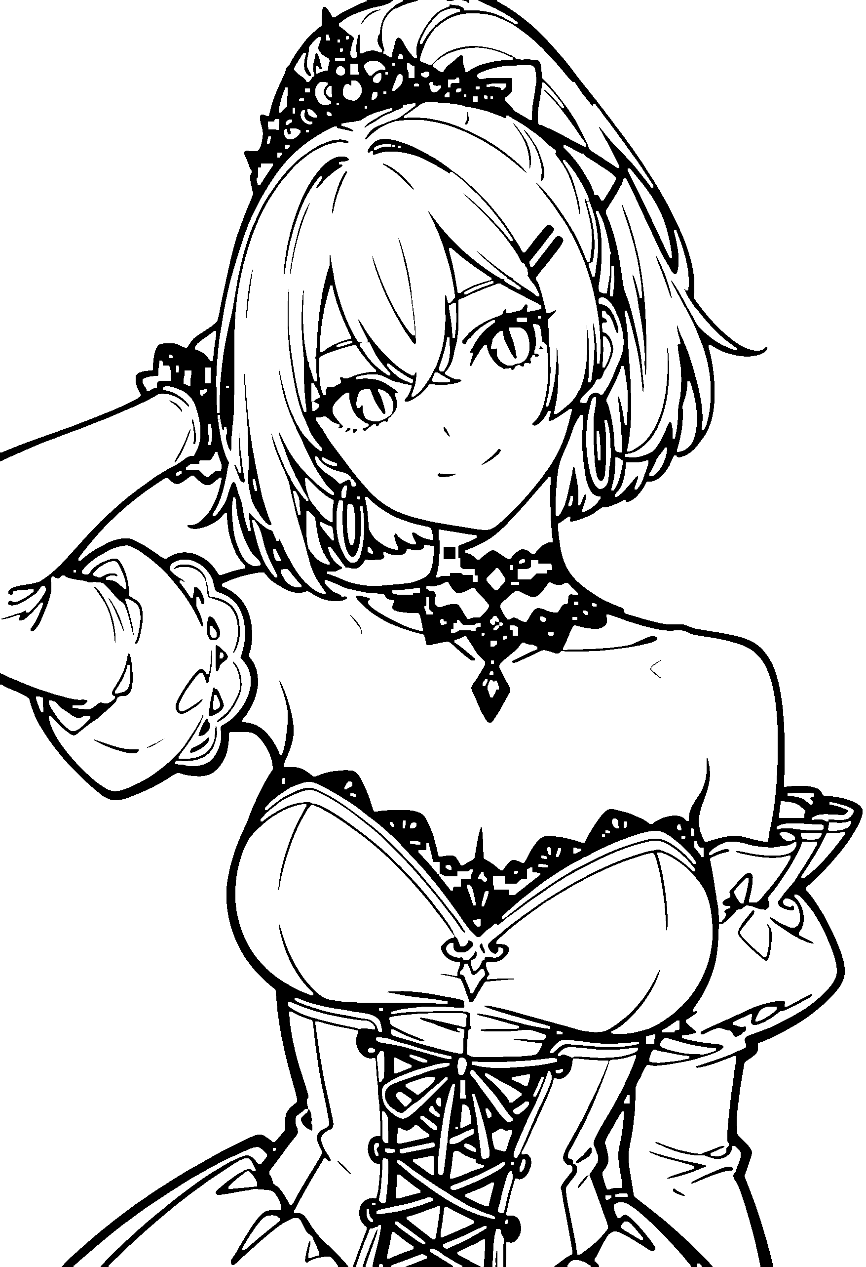 Black and white line art coloring page of an anime girl with princess dress, bob cut, ponytail, dress, tiara, choker and smiling