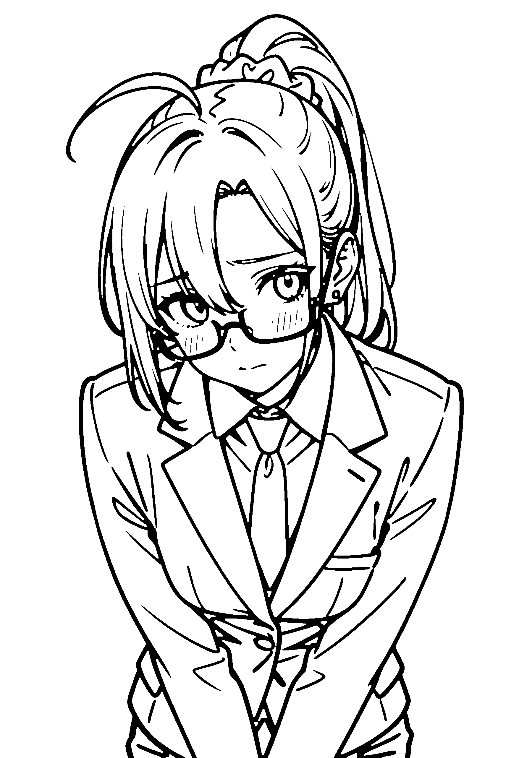 Black and white line art coloring page of an anime girl with long hair, ponytail, suit, glasses and shy