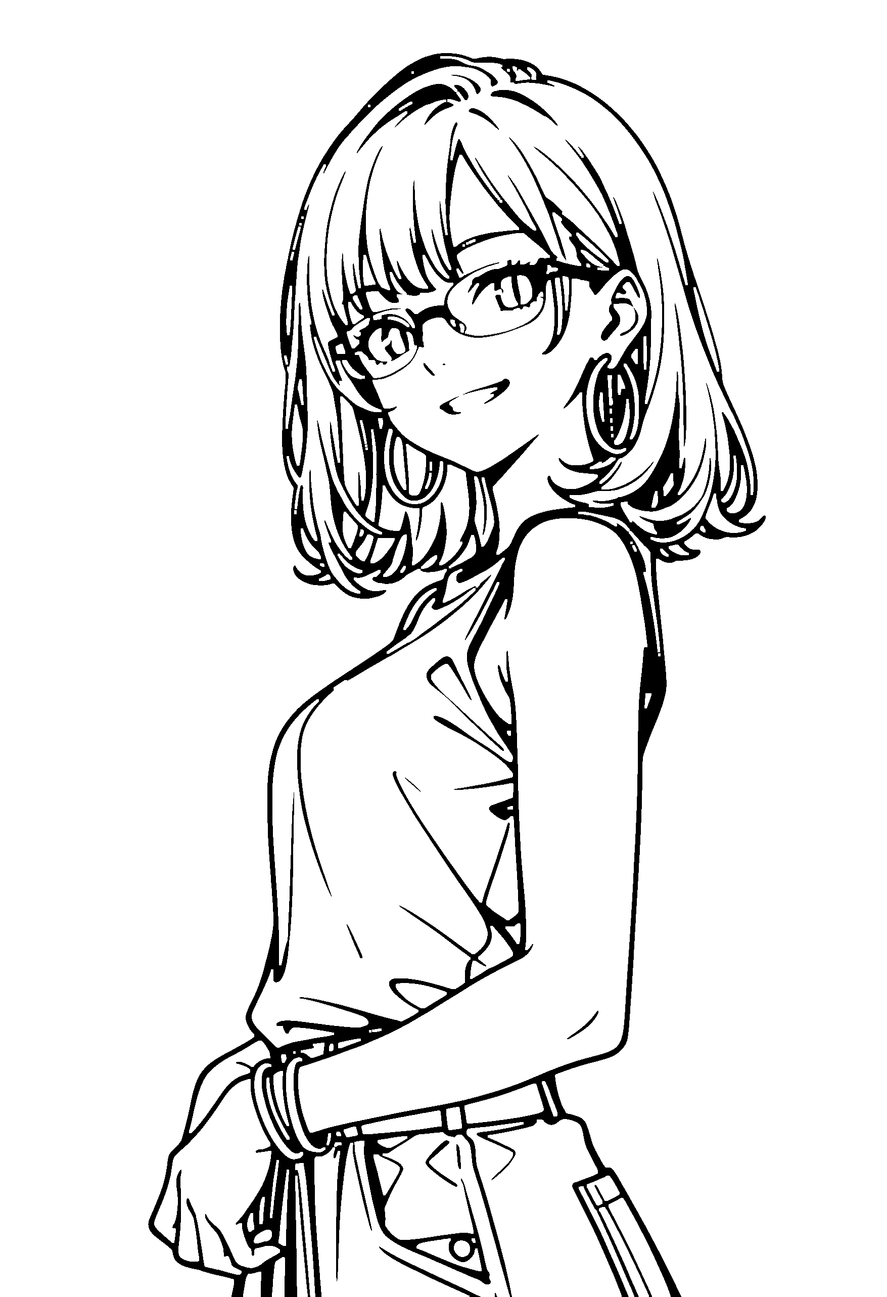 Black and white line art coloring page of an anime girl with medium hair, shirt, glasses and grinning
