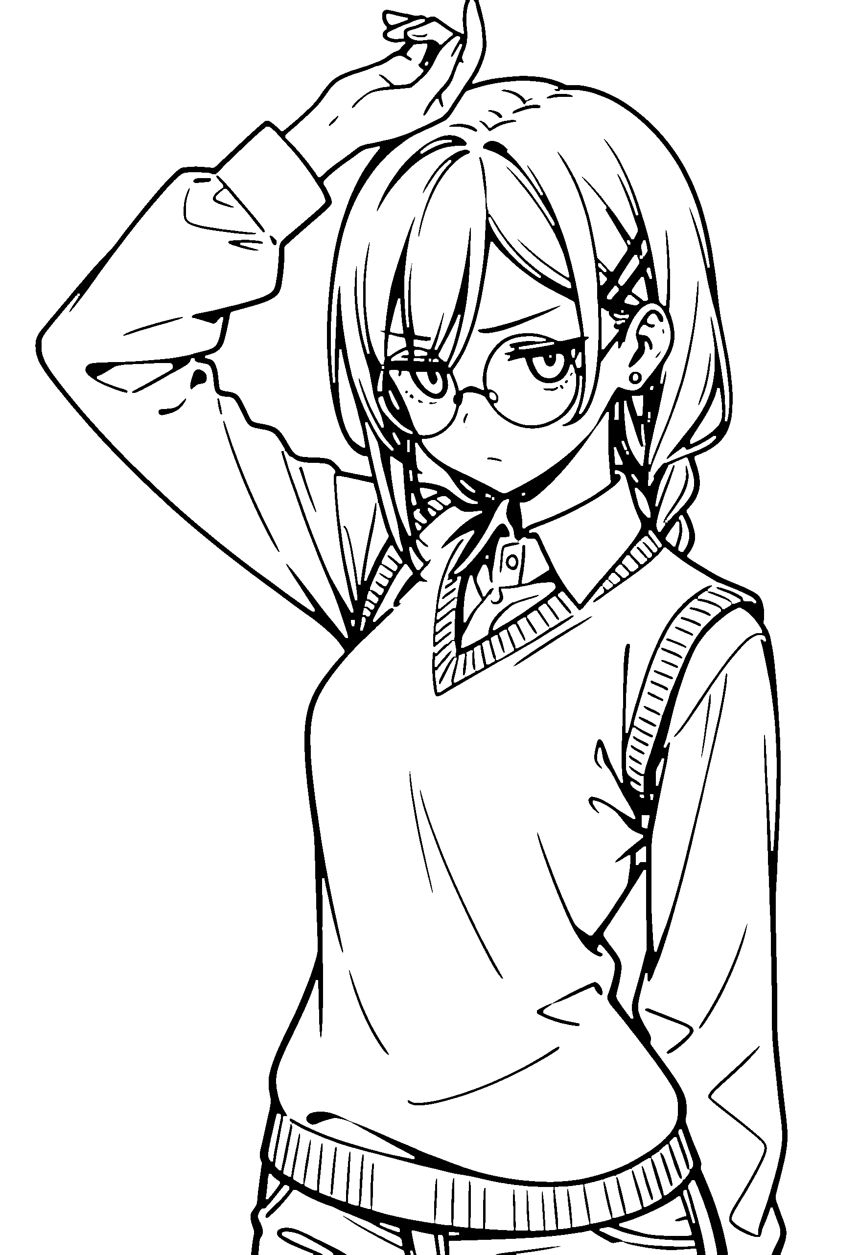 Black and white line art coloring page of an anime girl with long hair, braid, sweater vest, glasses and frowning