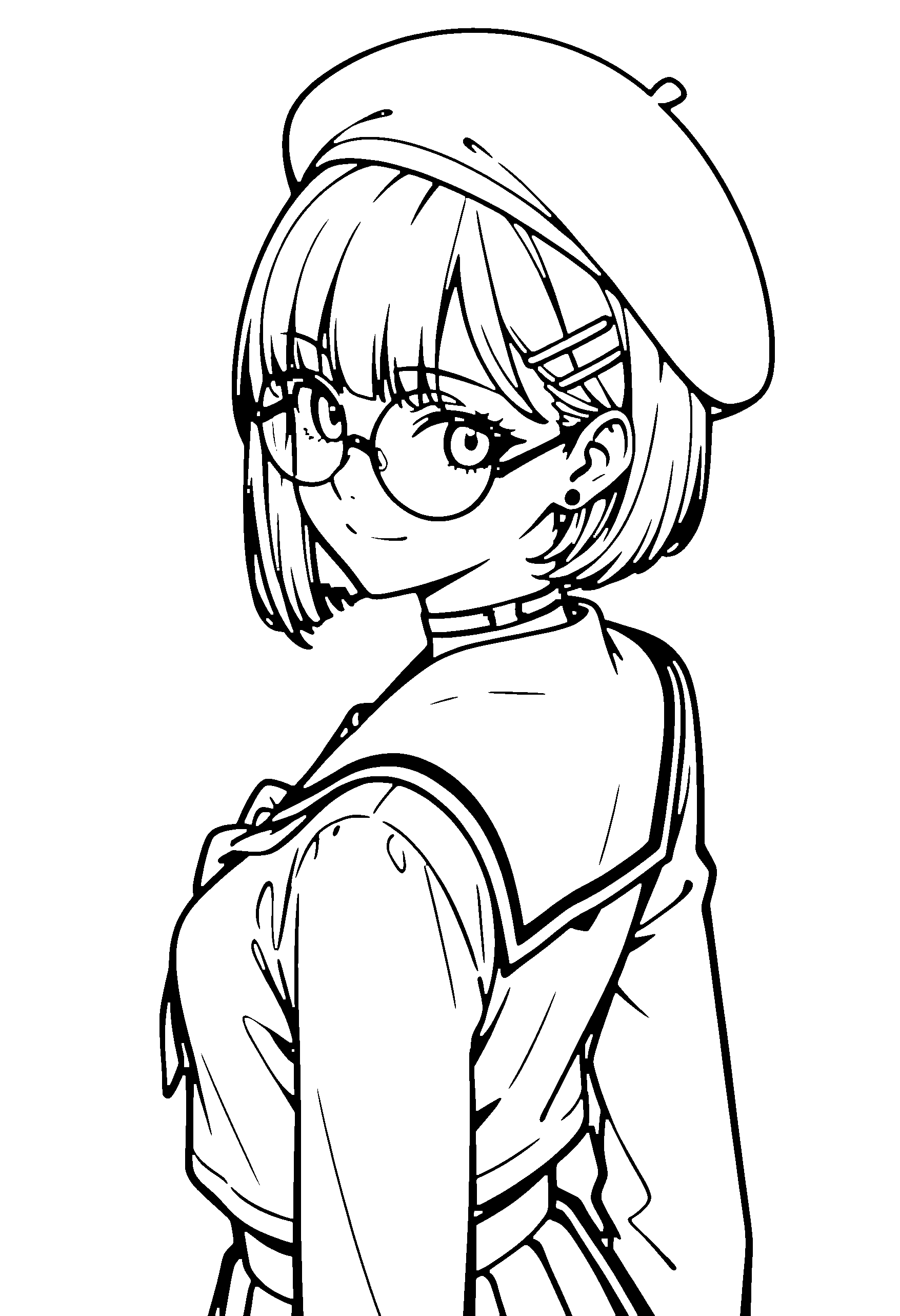 Black and white line art coloring page of an anime girl with bob cut, school uniform, beret, glasses, choker and smiling
