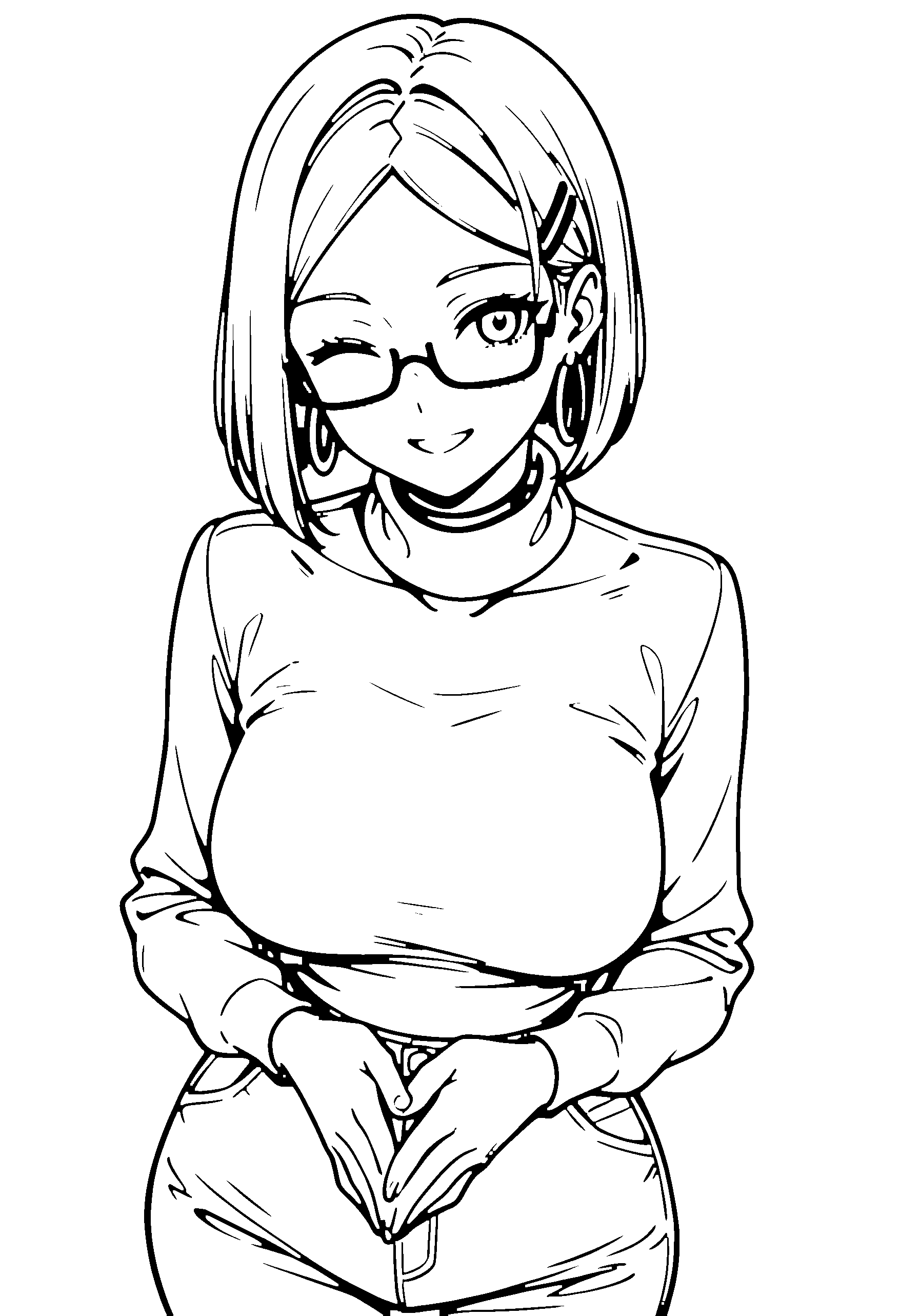 Black and white line art coloring page of an anime girl with bob cut, turtleneck, glasses, choker and smiling