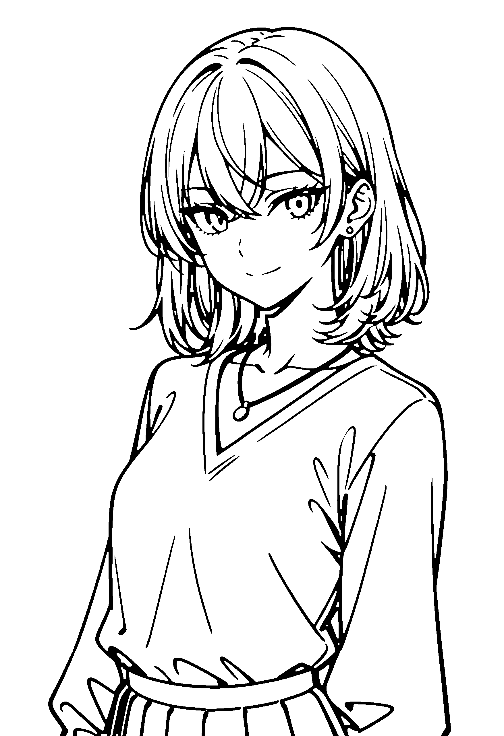 Black and white line art coloring page of an anime girl with medium hair, school uniform, necklace and smiling