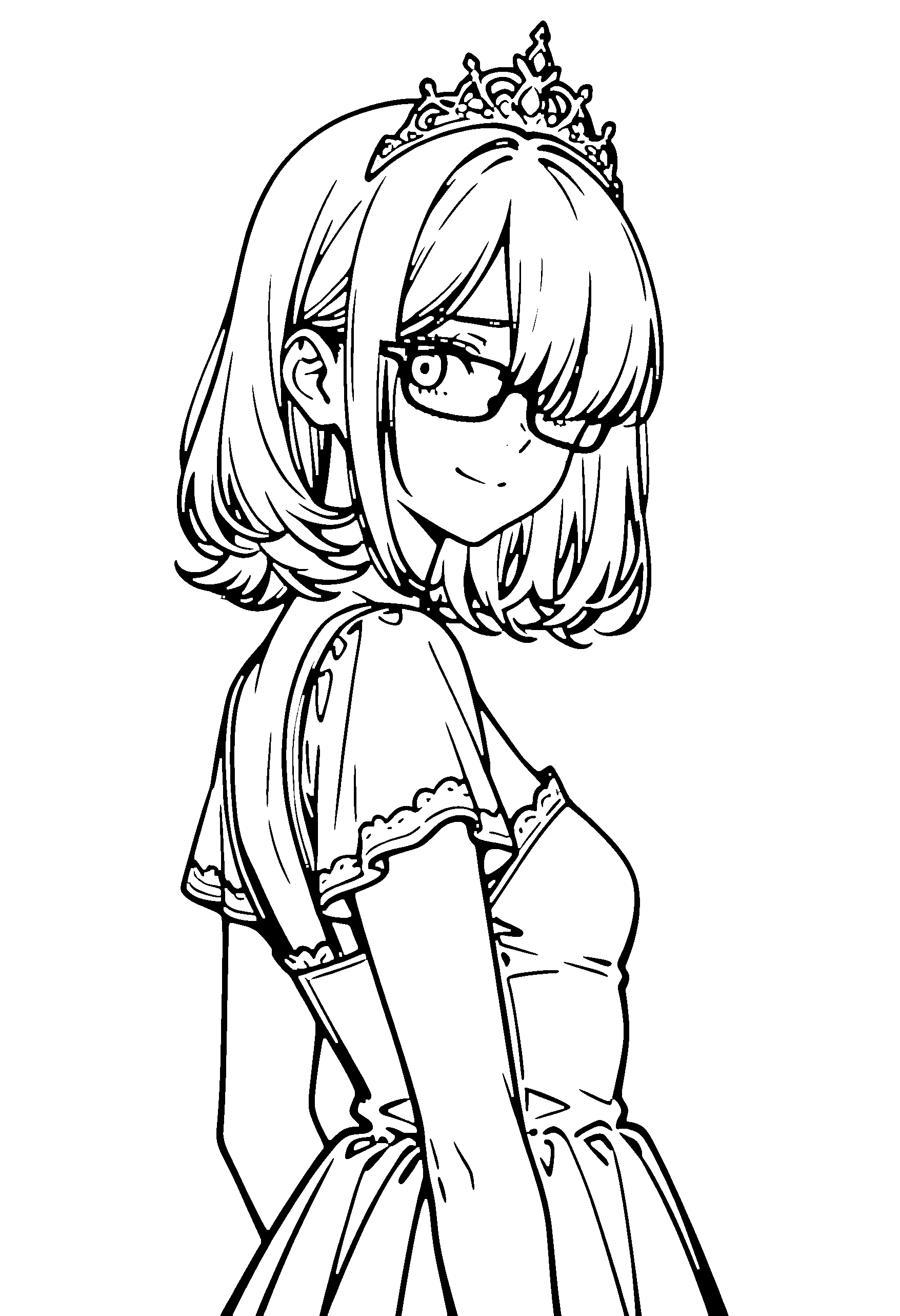 Black and white line art coloring page of an anime girl with princess dress, medium hair, dress, tiara, glasses and shy