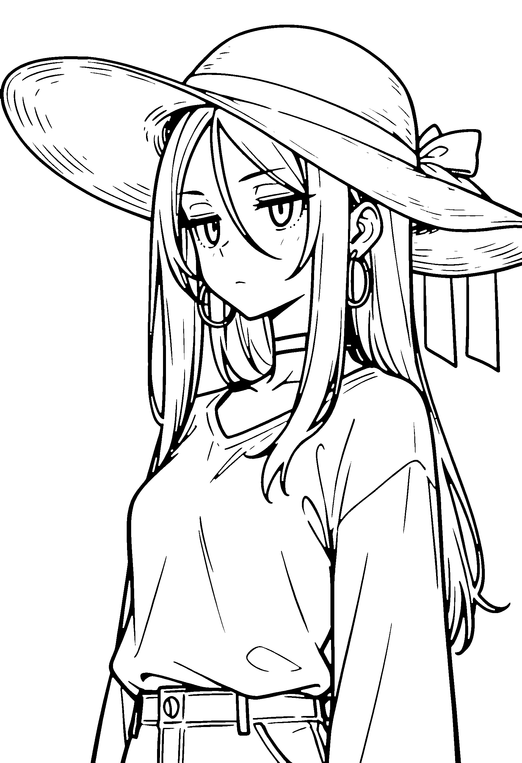 Black and white line art coloring page of an anime girl with long hair, shirt, sun hat, choker and frowning