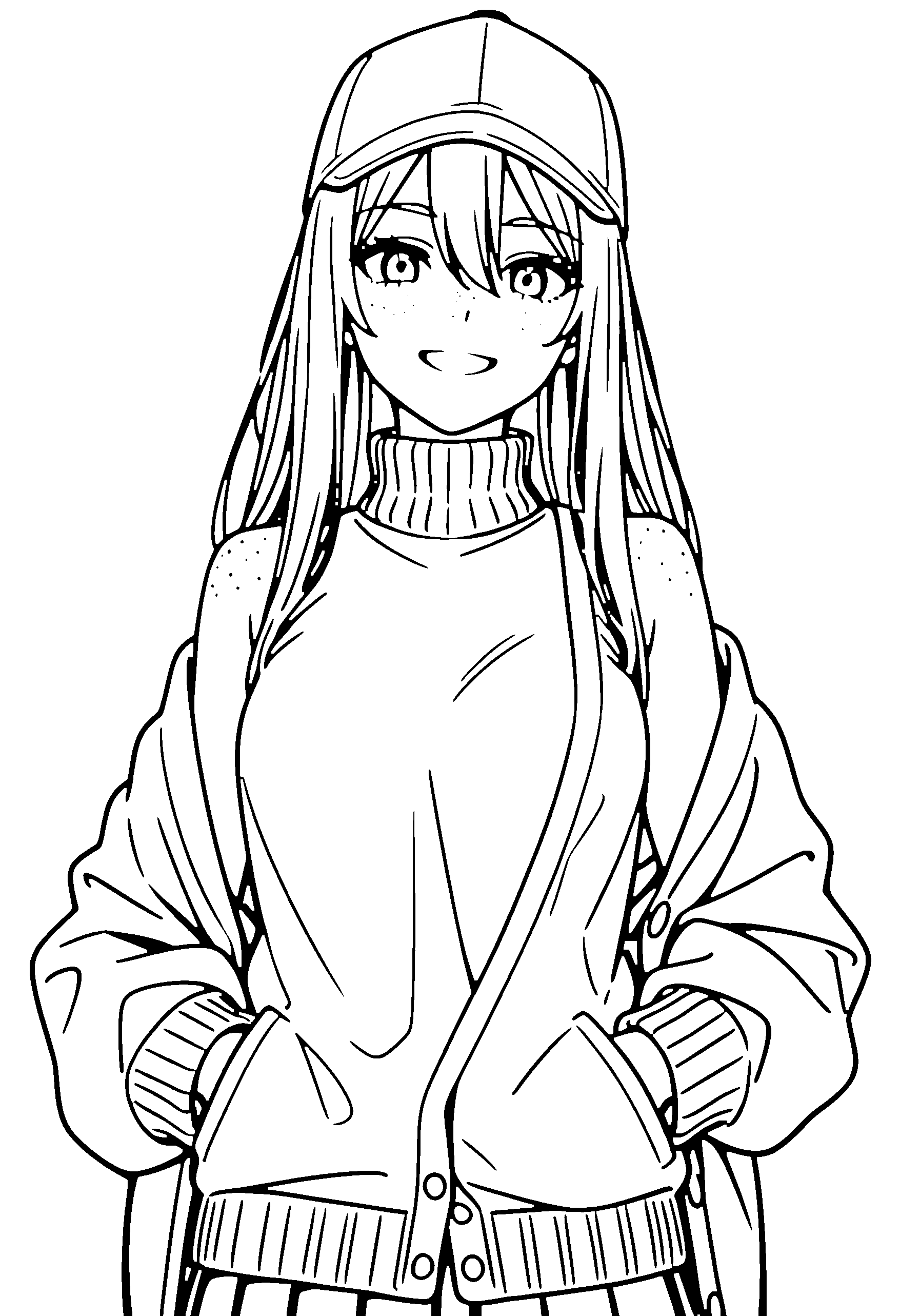 Black and white line art coloring page of an anime girl with long hair, turtleneck, cap and grinning