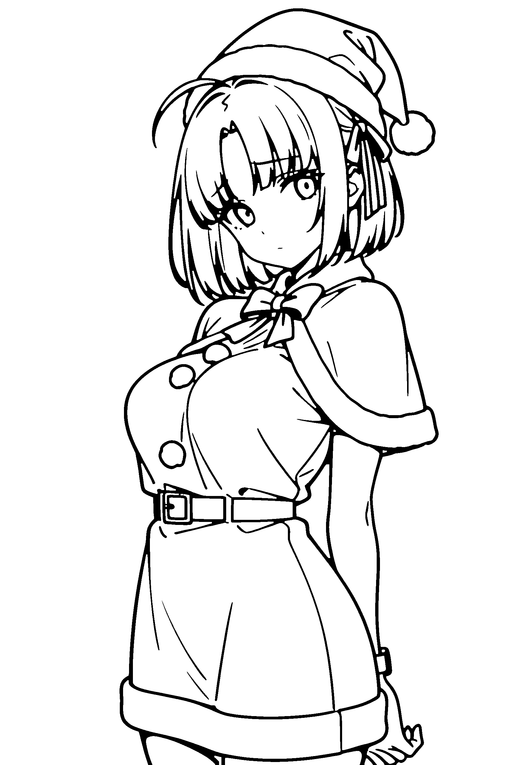 Black and white line art coloring page of an anime girl with santa costume, bob cut, bow tie and shy
