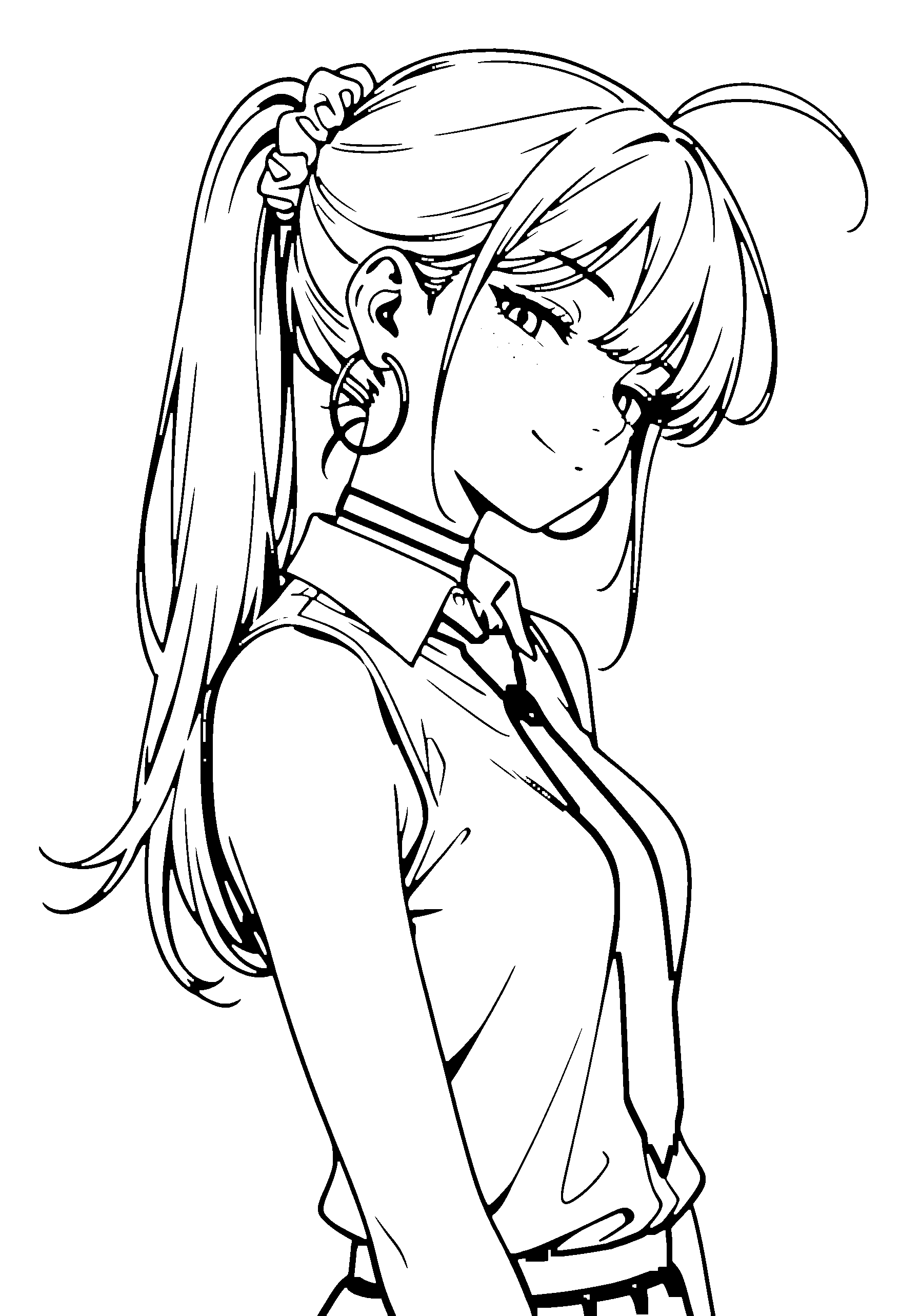 Black and white line art coloring page of an anime girl with long hair, ponytail, shirt, choker and smiling