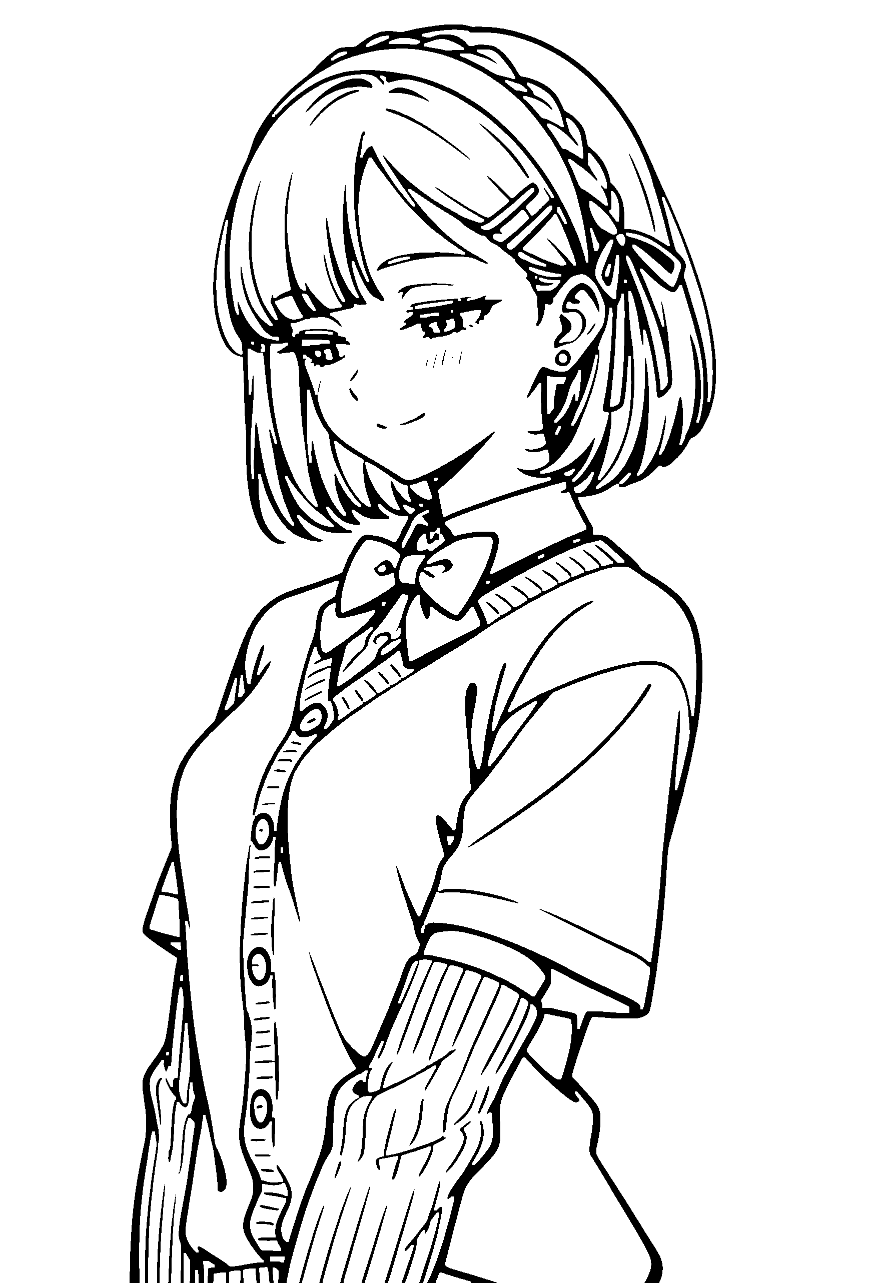 Black and white line art coloring page of an anime girl with bob cut, braid, cardigan, headband, bow tie and smiling