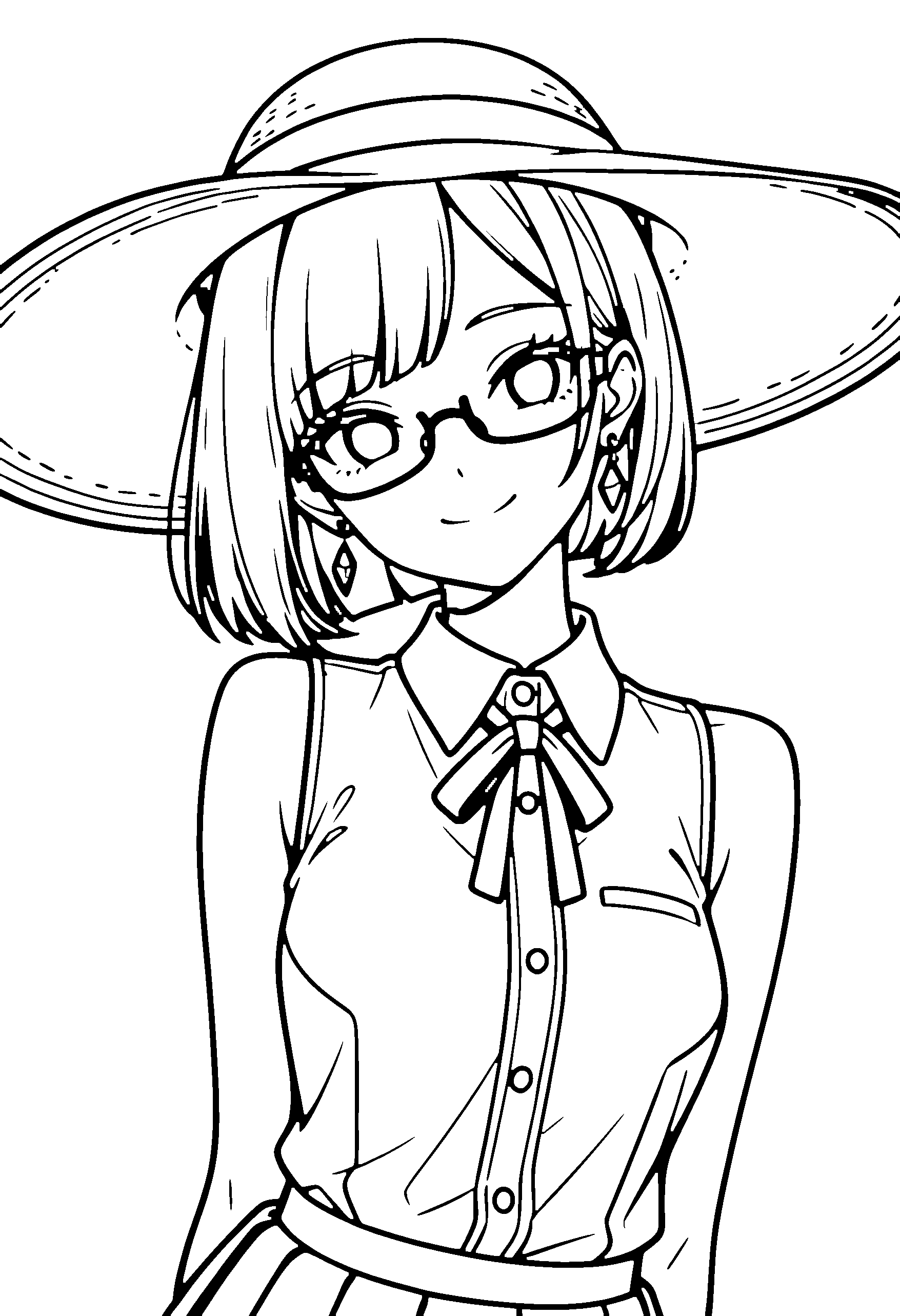 Black and white line art coloring page of an anime girl with bob cut, school uniform, sun hat, glasses and smiling