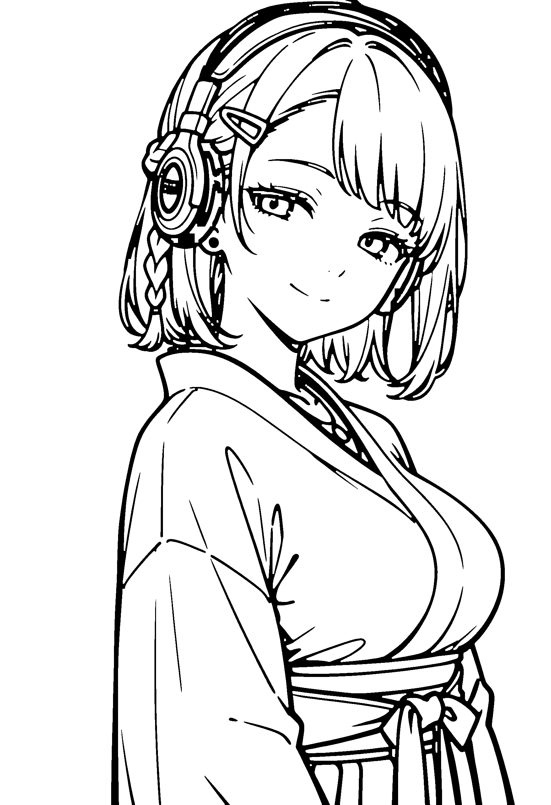 Black and white line art coloring page of an anime girl with medium hair, braid, kimono, headphones, necklace and smiling