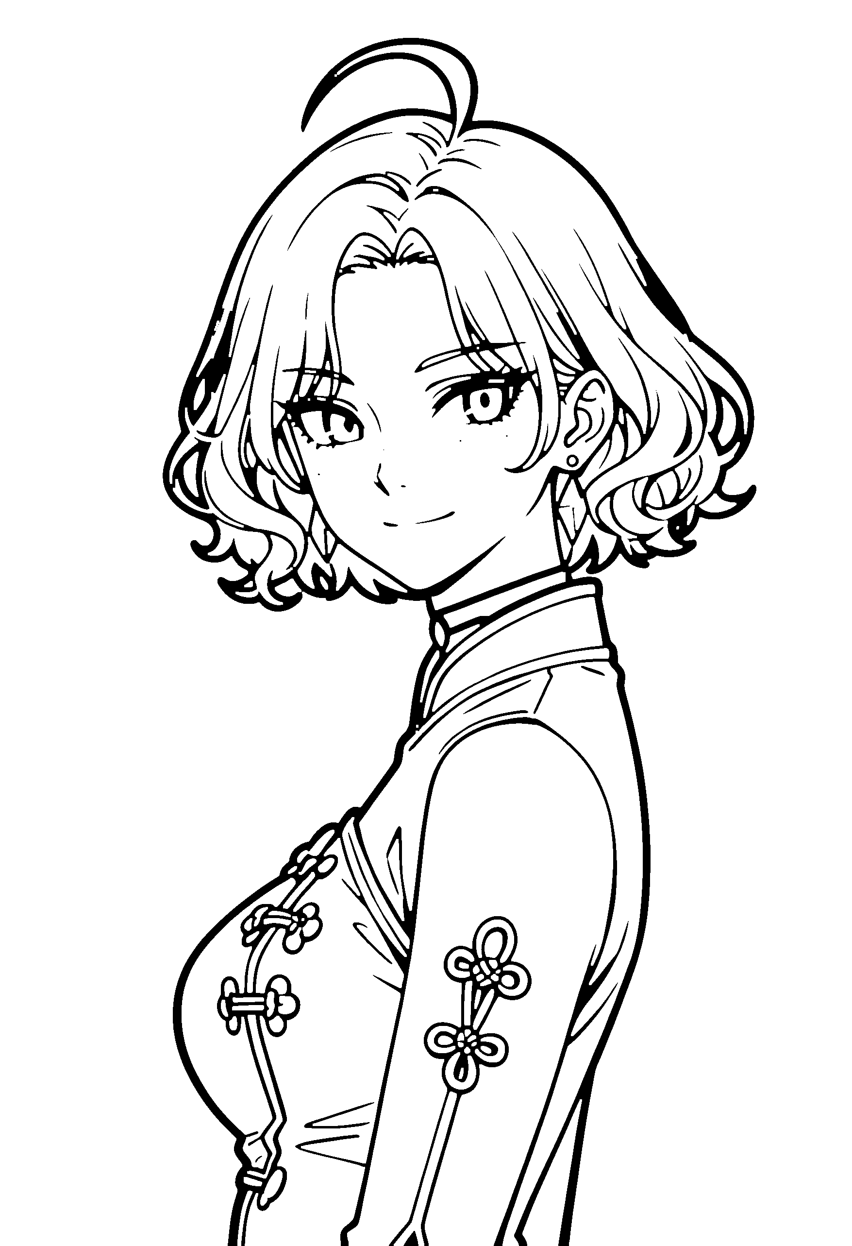 Black and white line art coloring page of an anime girl with medium hair, wavy hair, chinese dress, choker and smiling