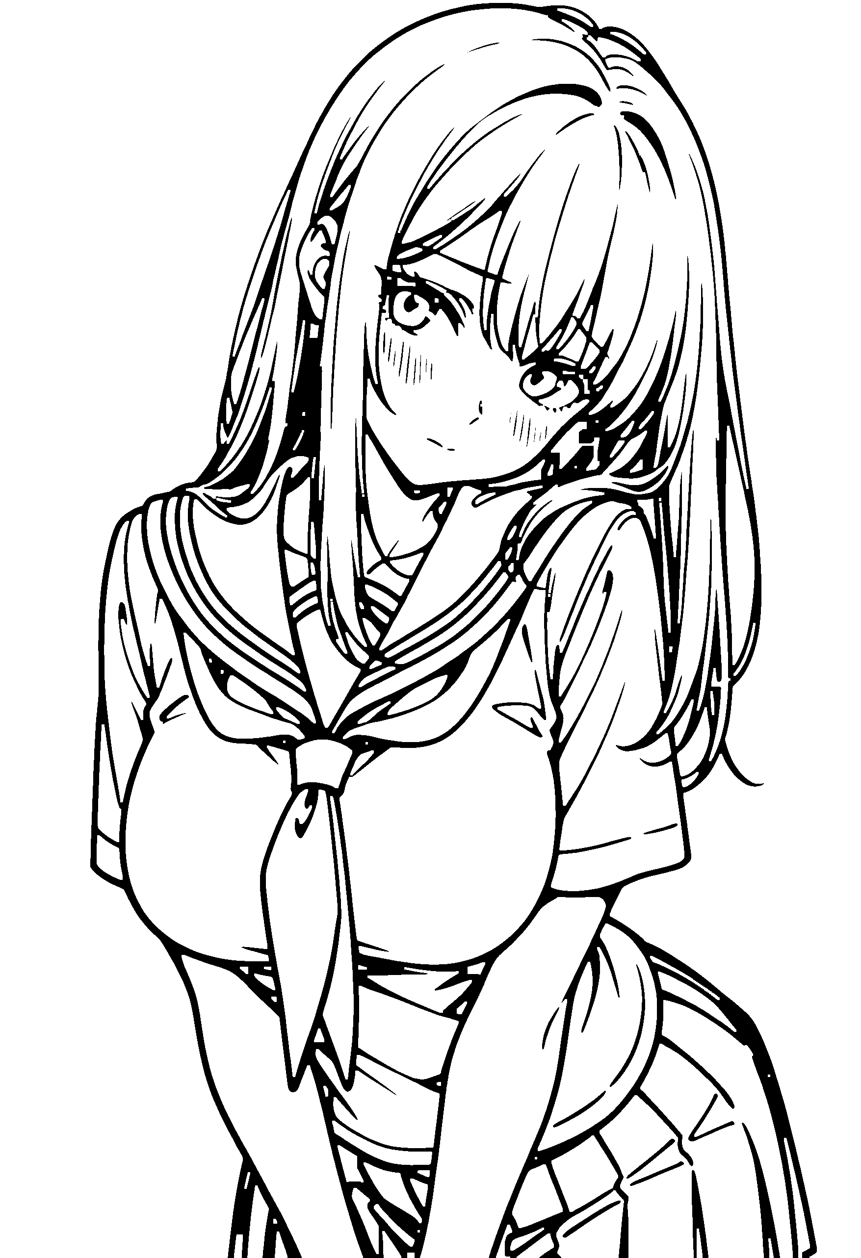 Black and white line art coloring page of an anime girl with long hair, school uniform and shy