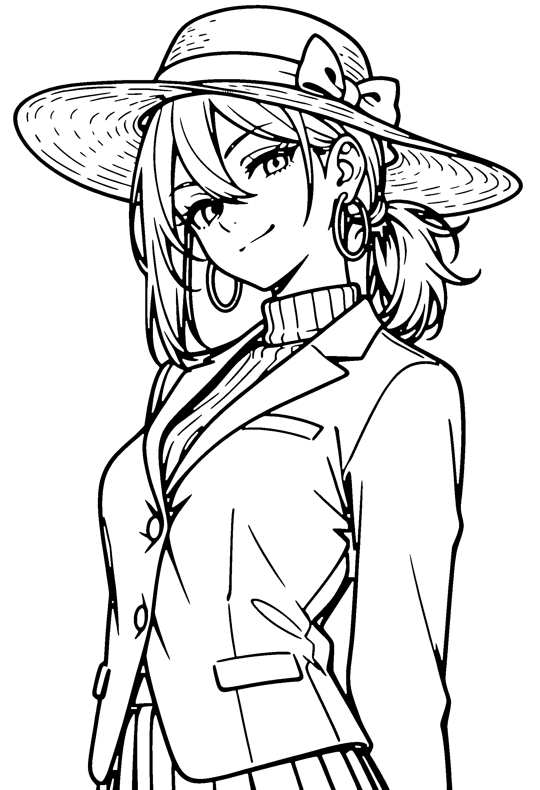Black and white line art coloring page of an anime girl with medium hair, ponytail, turtleneck, sun hat, choker and smiling