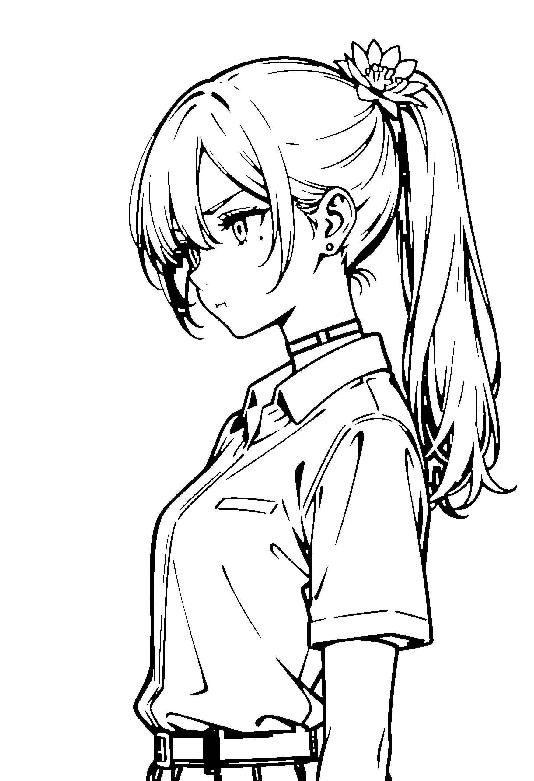 Black and white line art coloring page of an anime girl with long hair, ponytail, collared shirt, hair flower, choker and frowning